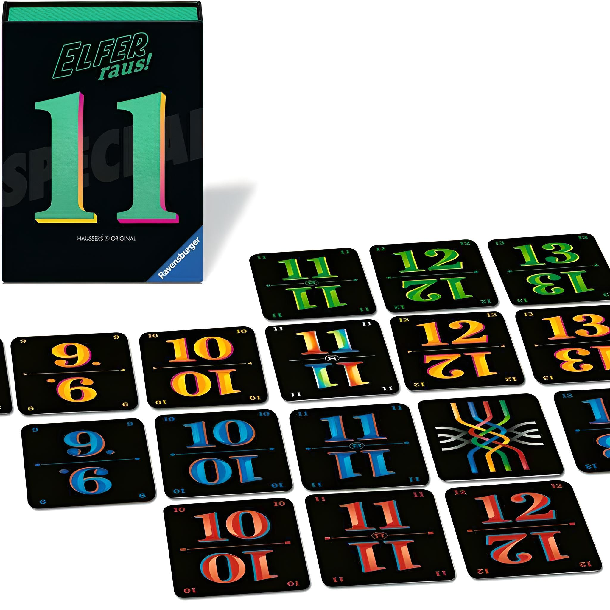 Spielkarten und Spielschachtel Elfer Raus! mit Zahlen 9-13.