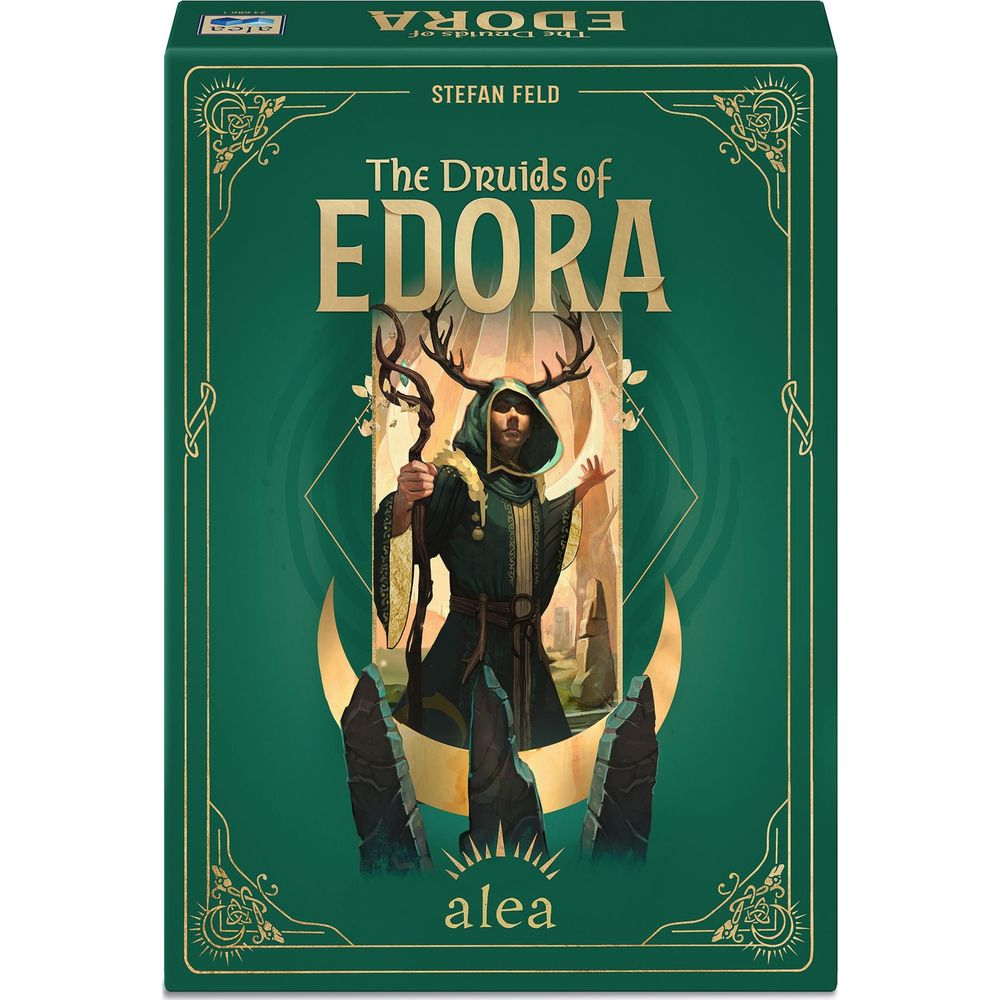 Das Cover zeigt einen Druiden mit Hirschgeweih, der einen Stab hält. Der Titel lautet "The Druids of EDORA".