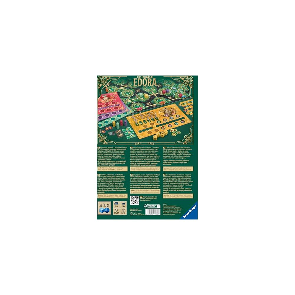 Das Brettspiel Die Druiden von Edora mit Spielbrett, Würfeln und Spielsteinen.