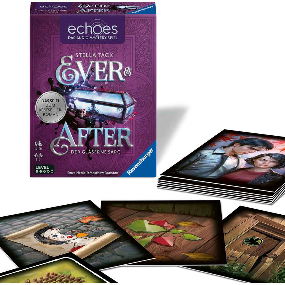 Scatola del gioco con copertina di libro e mazzo di carte. Un gioco investigativo.