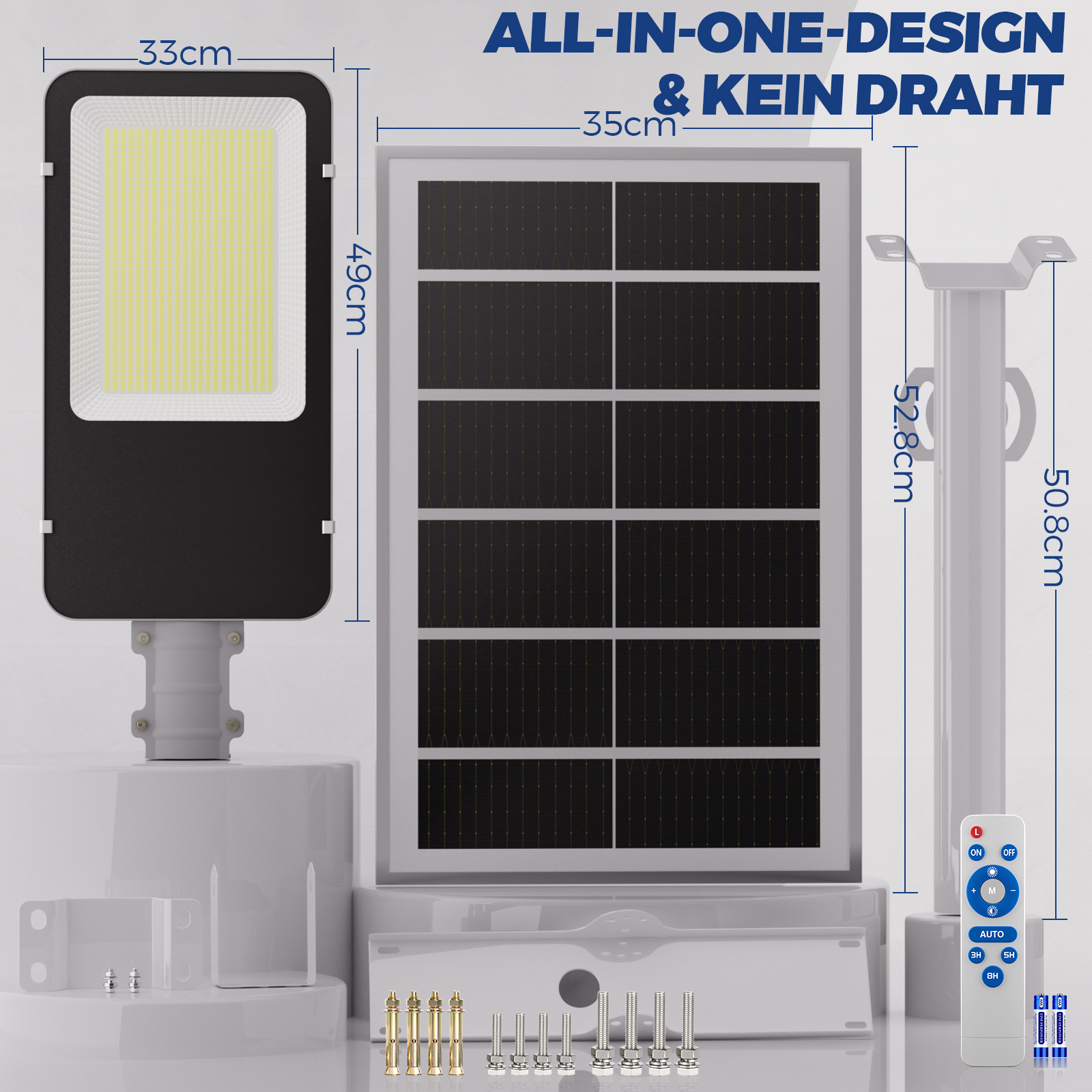 Solarleuchte mit Paneel, Halterung, Fernbedienung und Schrauben.