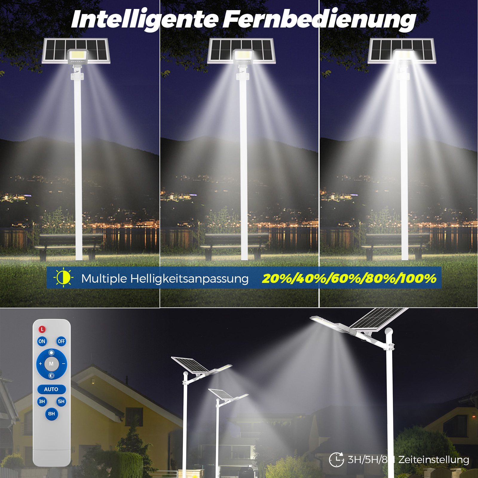 Solarleuchten mit Fernbedienung, zeigen Helligkeit und Zeiteinstellung.