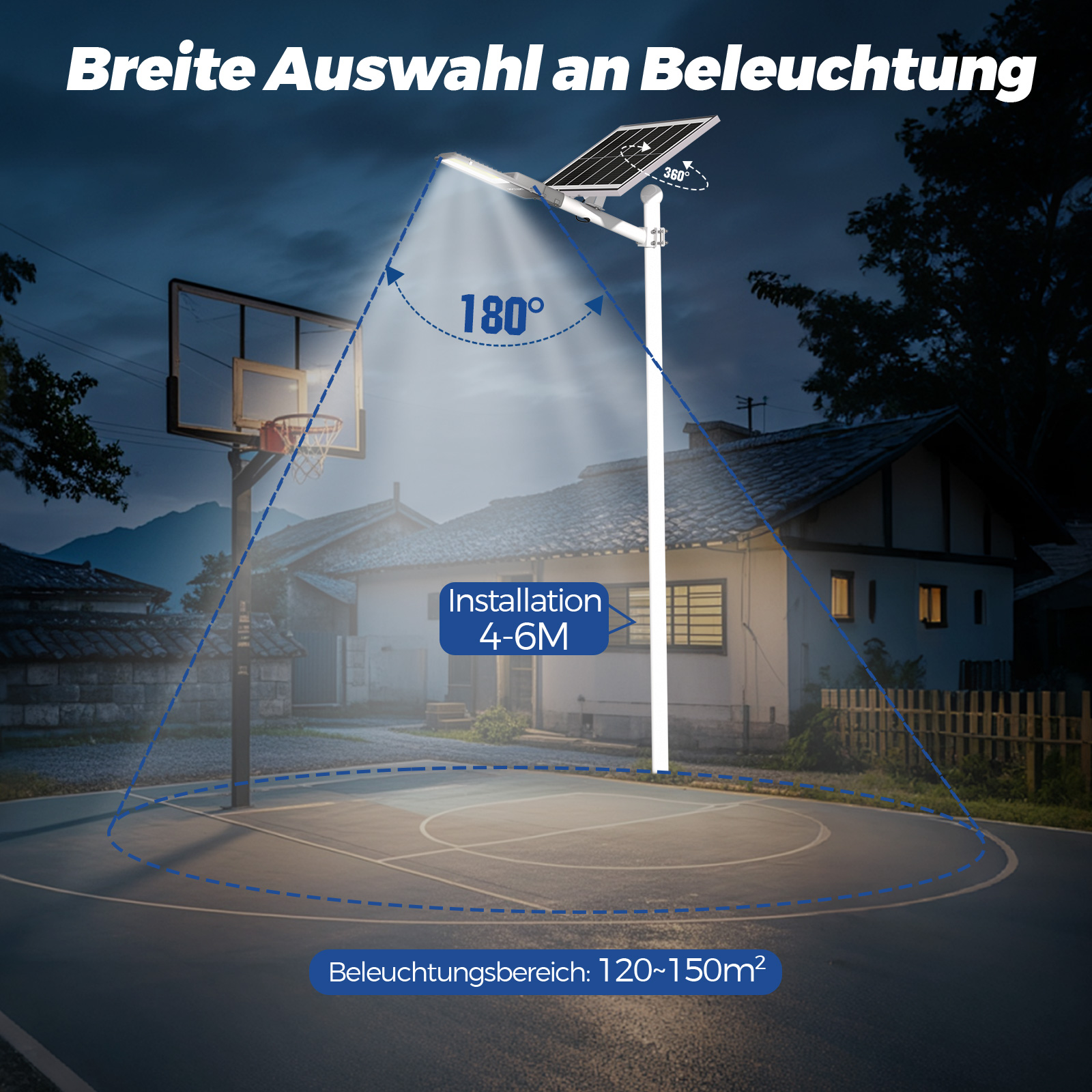 Solar-Straßenlaterne beleuchtet Basketballplatz mit 180 Grad Abdeckung.