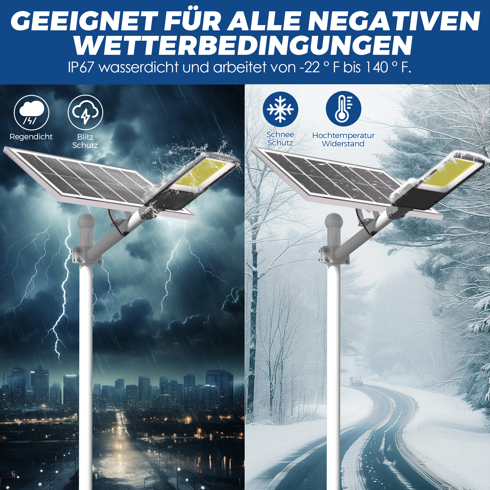 Solarleuchte für alle Wetterbedingungen: Regen, Blitz, Schnee, hohe Temperaturen.