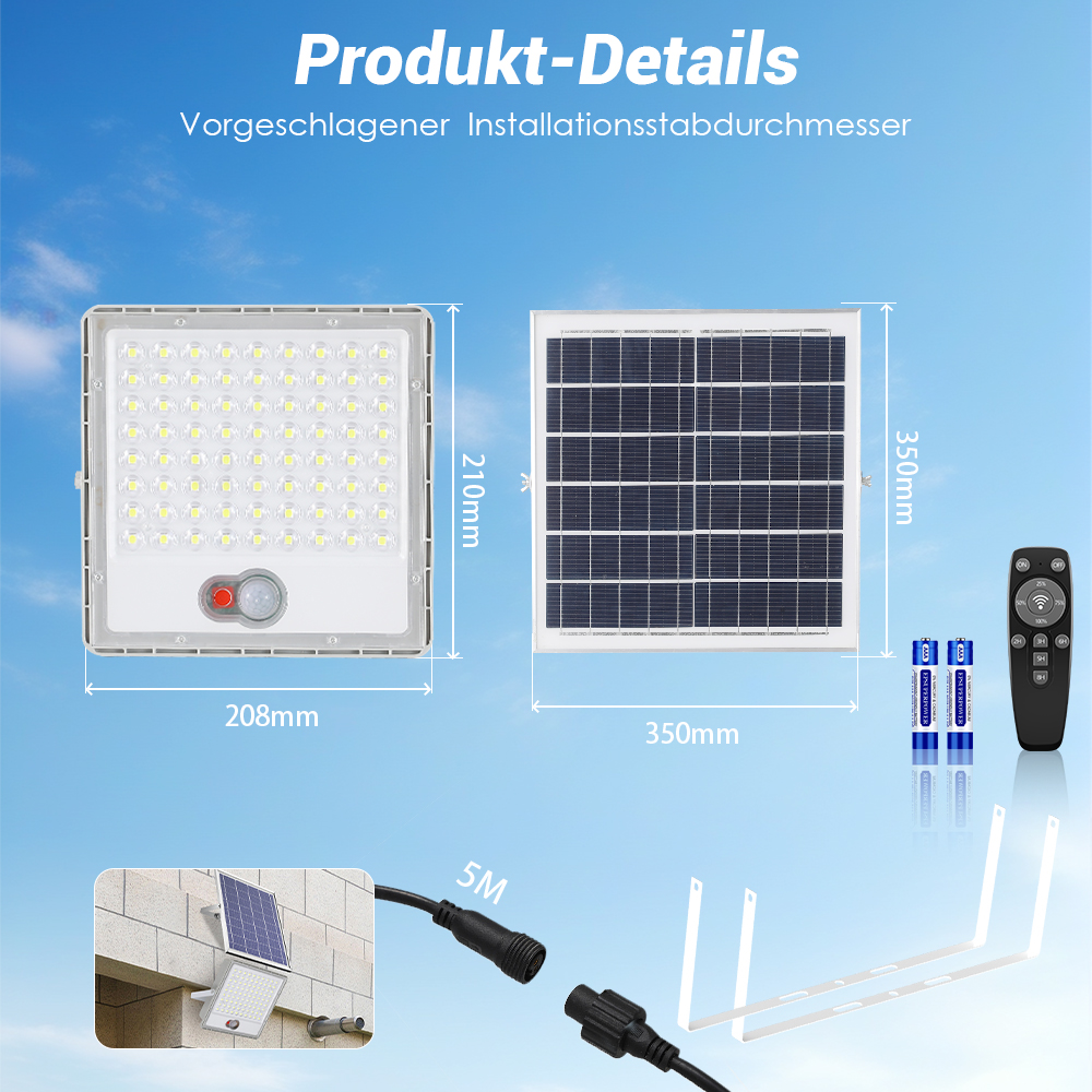 Solar-Flutlicht mit Solarpanel, Fernbedienung, Batterien und Halterungen.