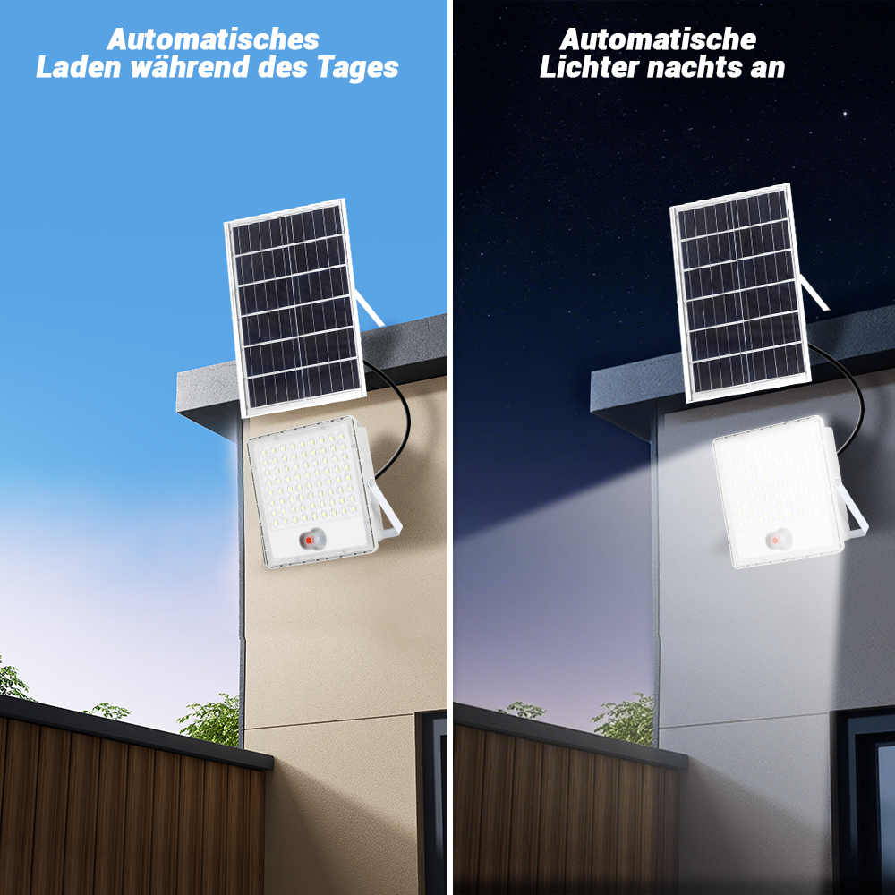 Solarpanel lädt tagsüber, Licht leuchtet nachts. Helles Flutlicht.