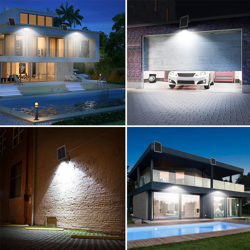 Häuser mit Solarleuchten beleuchtet, Pool, Garage mit Auto.