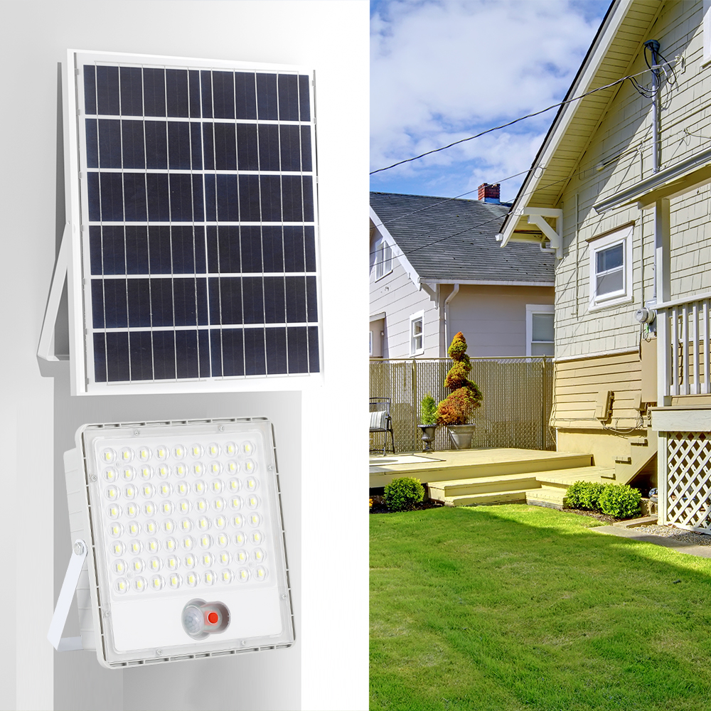 Solarmodul und LED-Flutlicht vor einem Haus mit Garten und Terrasse.