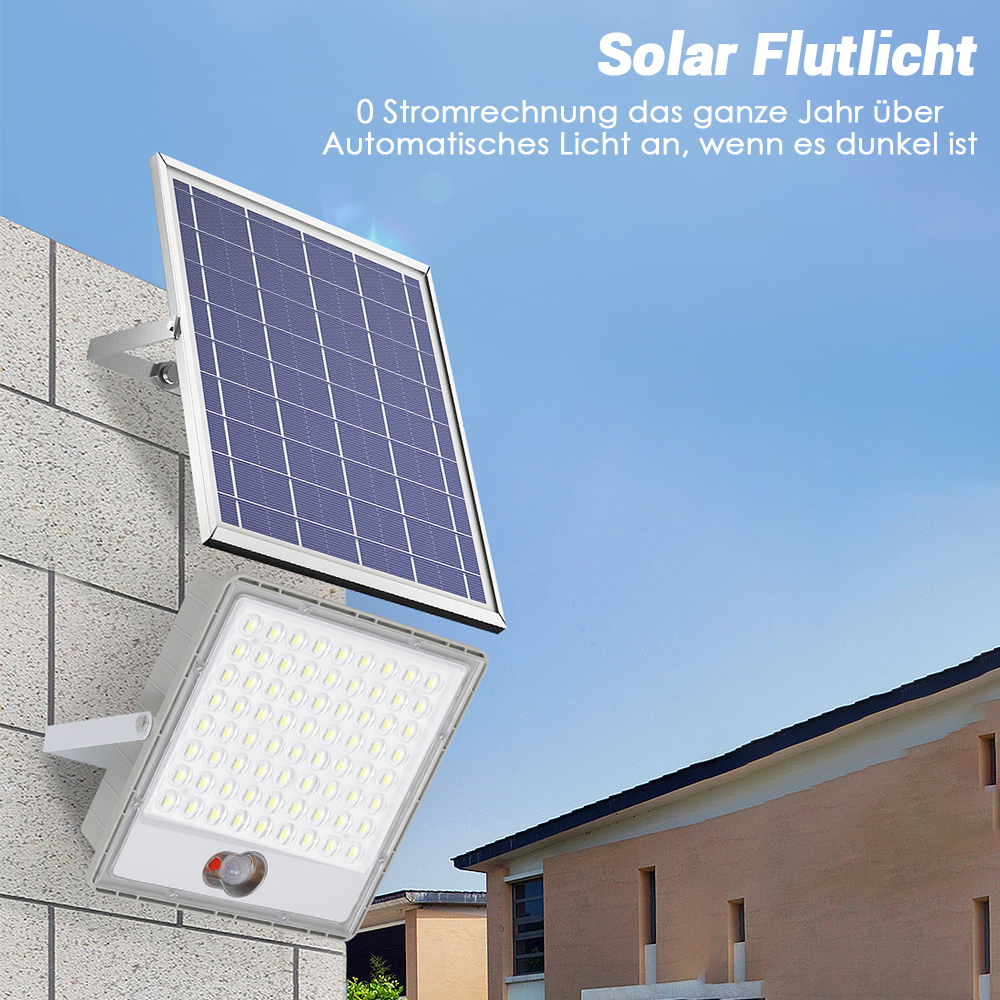 Solar-Flutlicht an einer Hauswand montiert mit Solarpanel darüber.