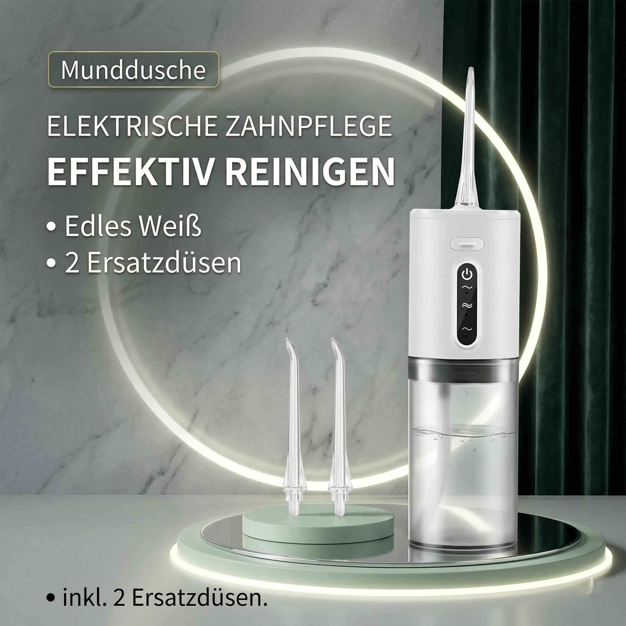 Elektrische Munddusche in Weiß mit zwei Aufsätzen und Wasserbehälter.