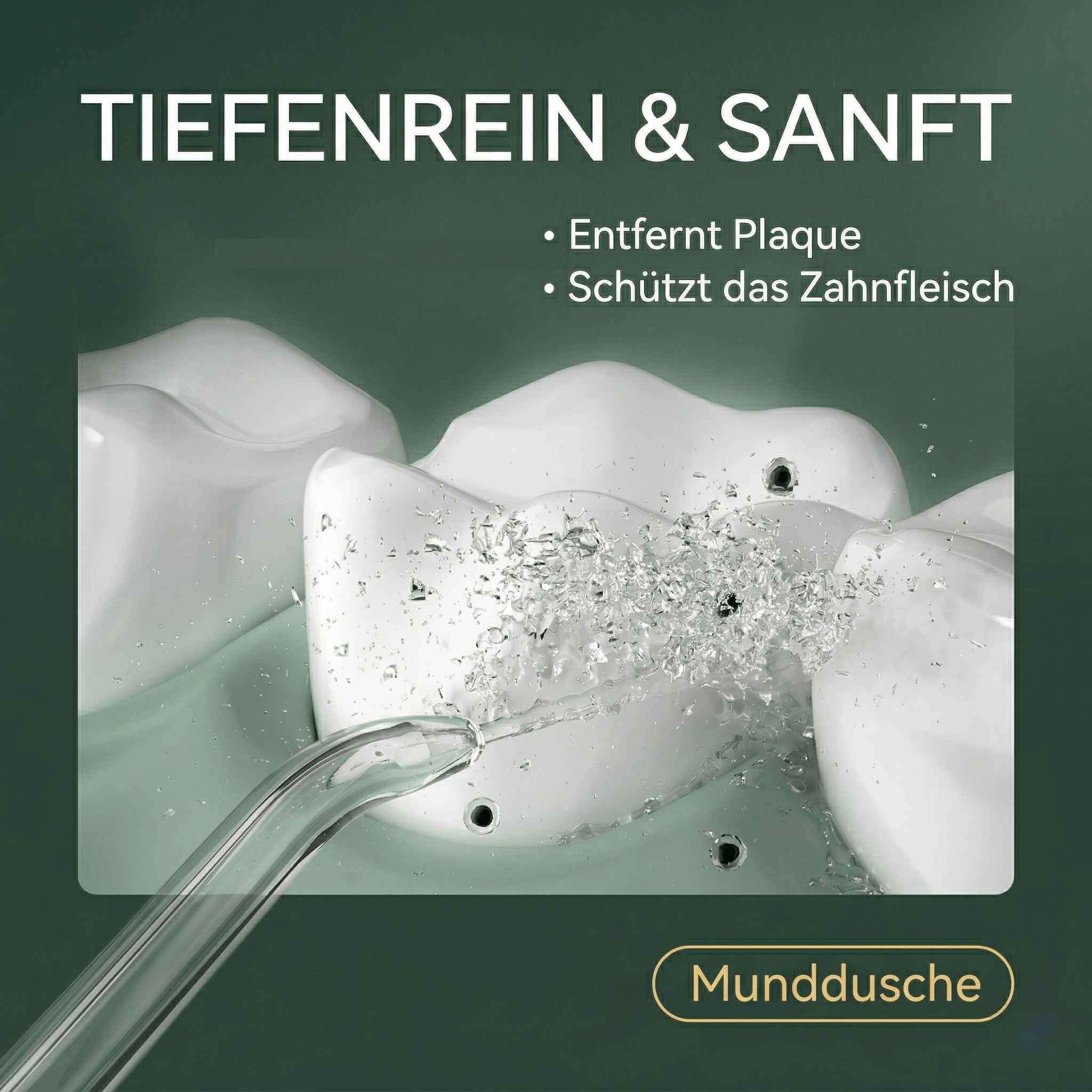 Ein Mundduschenstrahl reinigt weiße Zähne, spritzt Wasser.