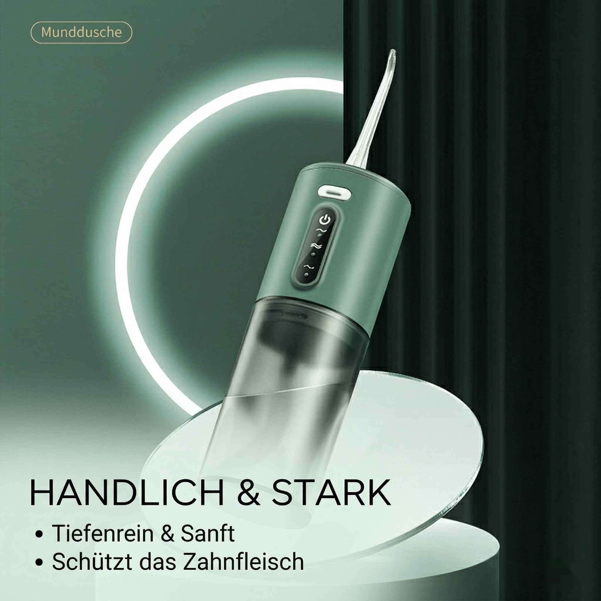 Grünes Munddusche-Gerät mit transparentem Wassertank und leuchtendem Ring.