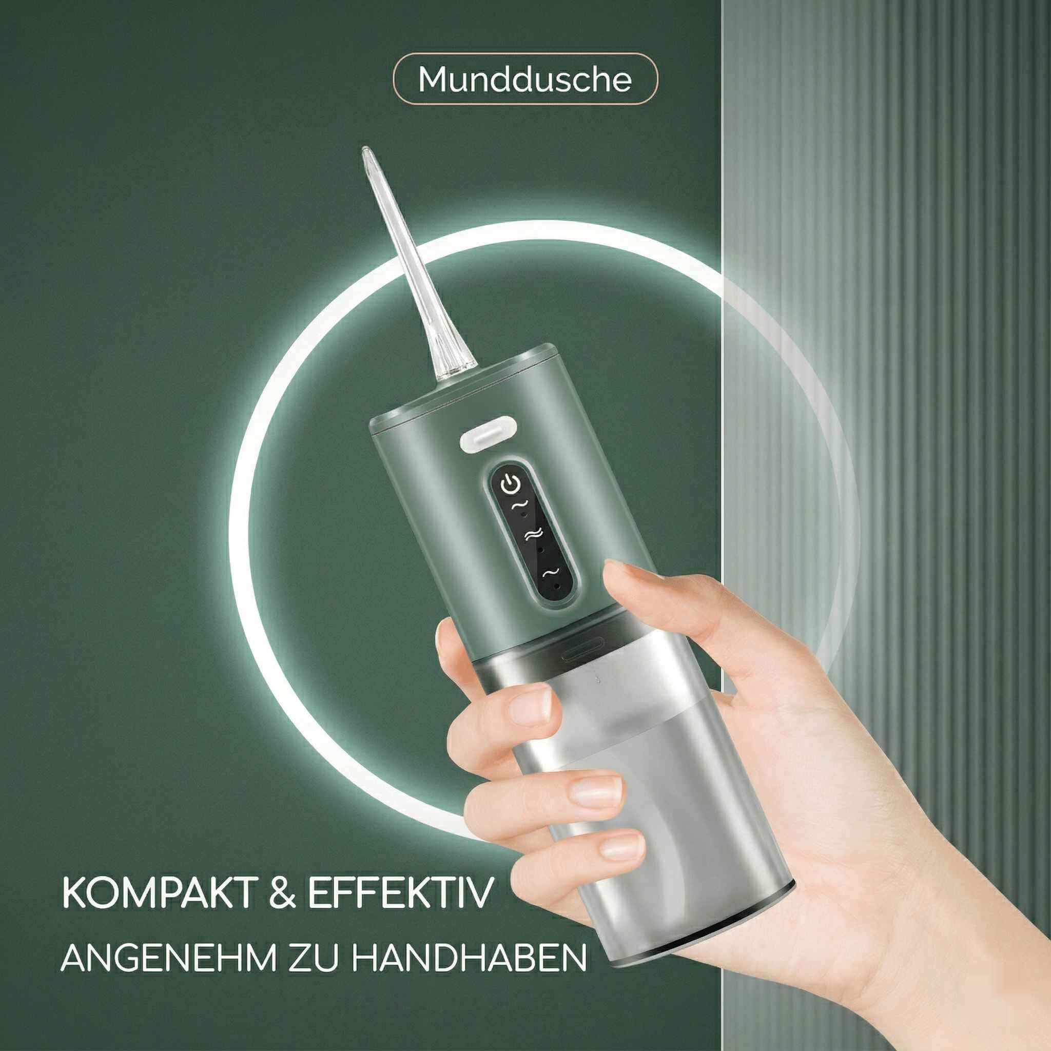 Eine Hand hält eine grüne Munddusche mit transparentem Behälter.