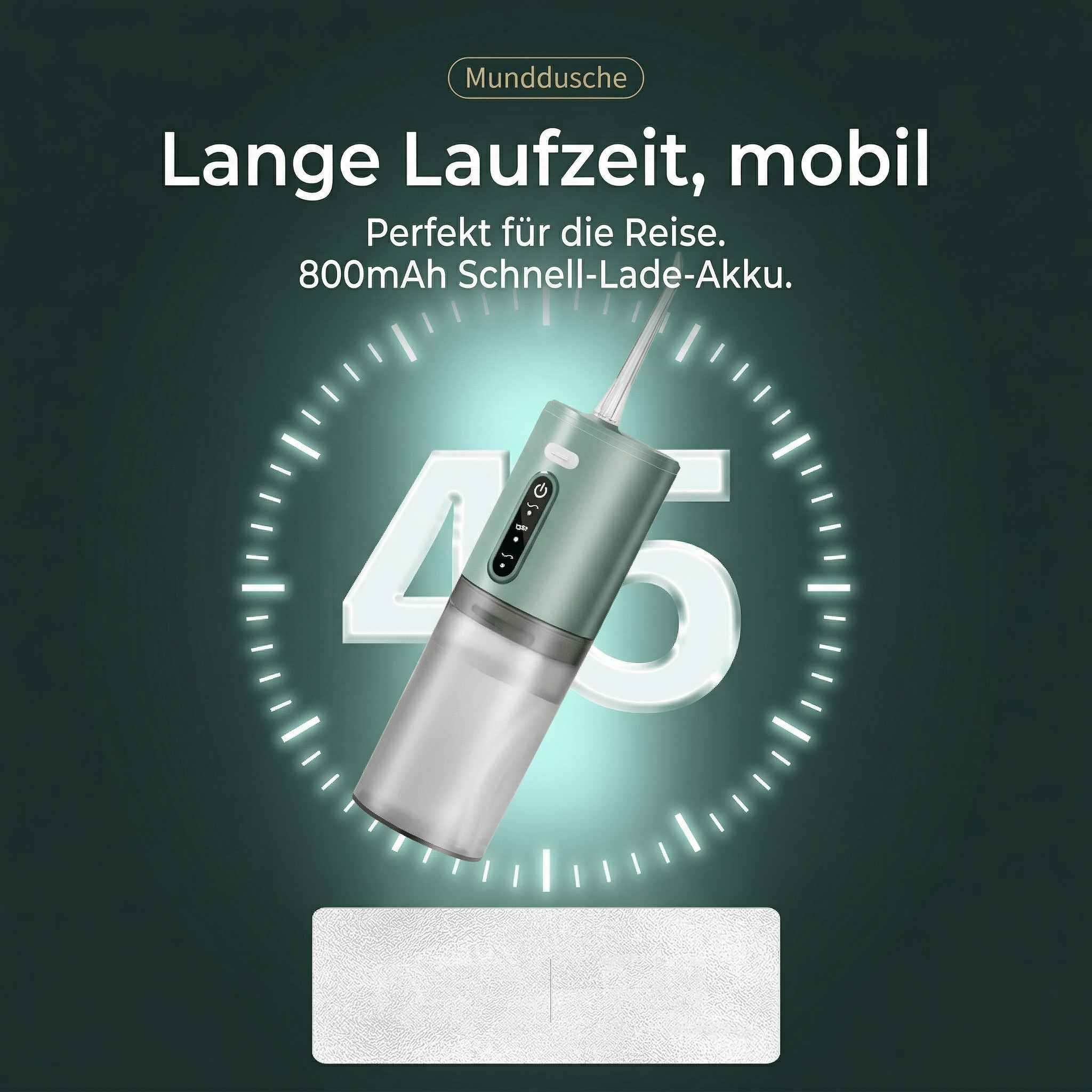 Grüne Munddusche mit 800mAh Akku, ideal für Reisen. Ladeanzeige.