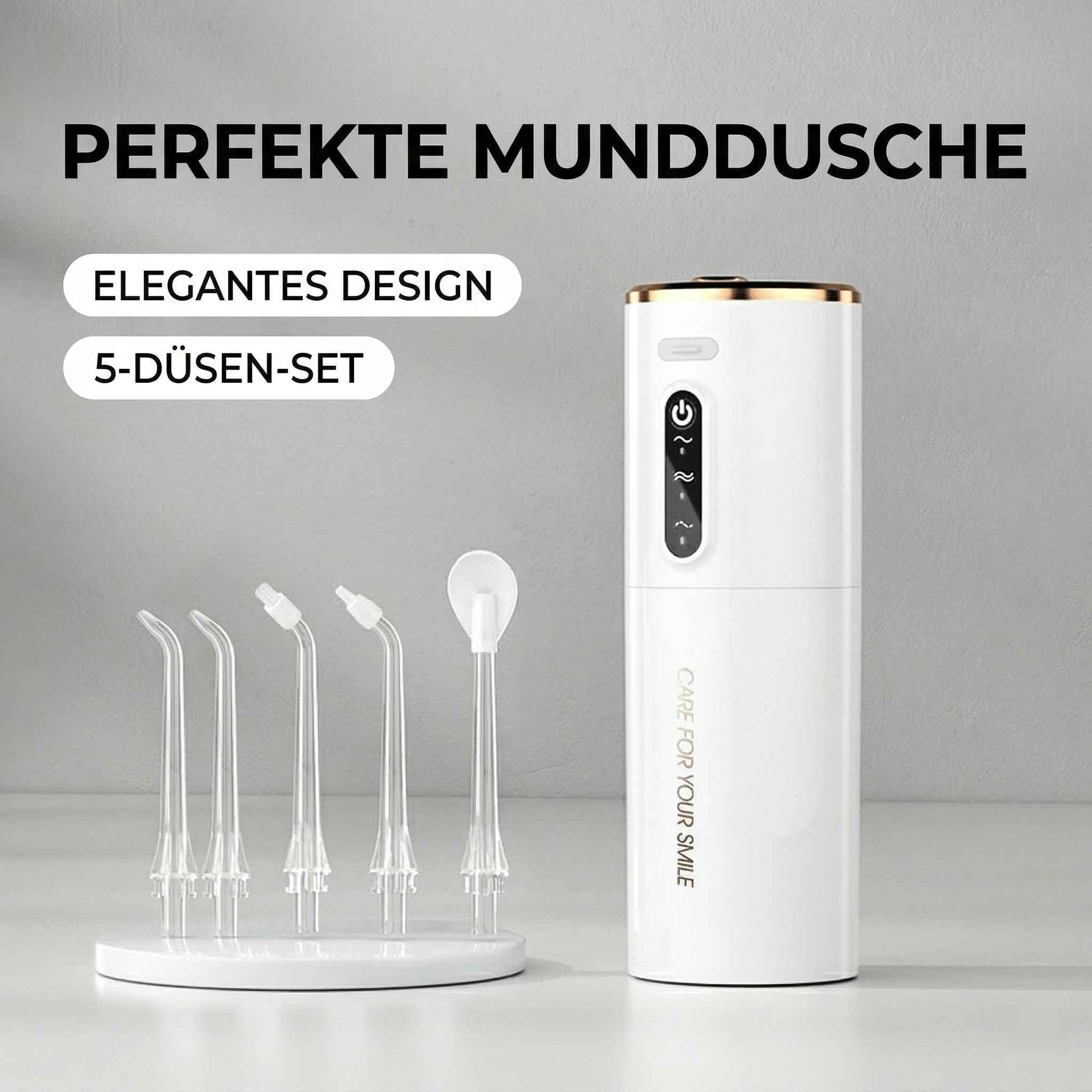 Weiße Munddusche mit einem Set von 5 Aufsätzen auf einem Ständer.