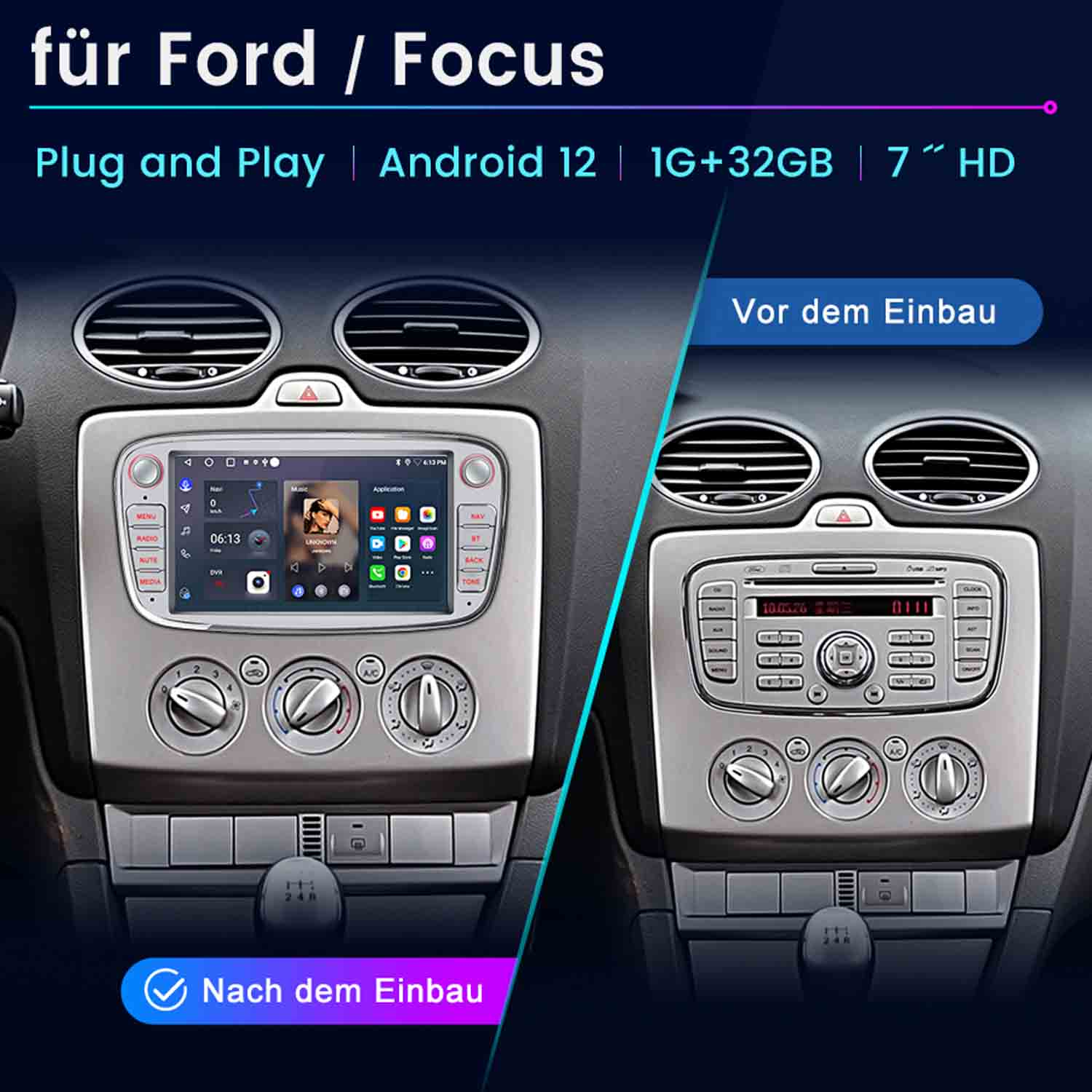 Porównanie deski rozdzielczej Ford Focus przed i po instalacji nowego systemu multimedialnego.