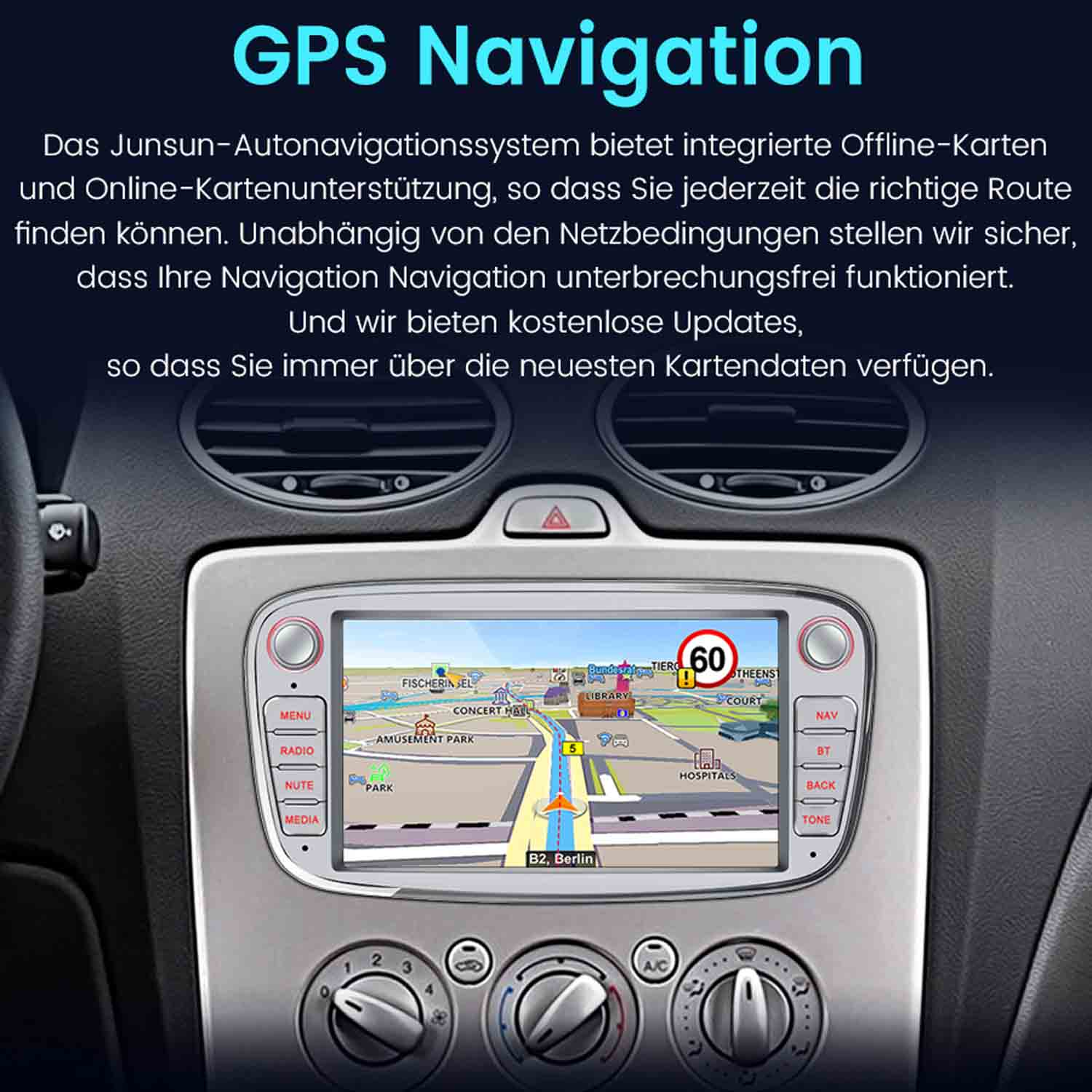 Samochodowy system nawigacji GPS wyświetla trasę. Posiada przyciski i ekran.