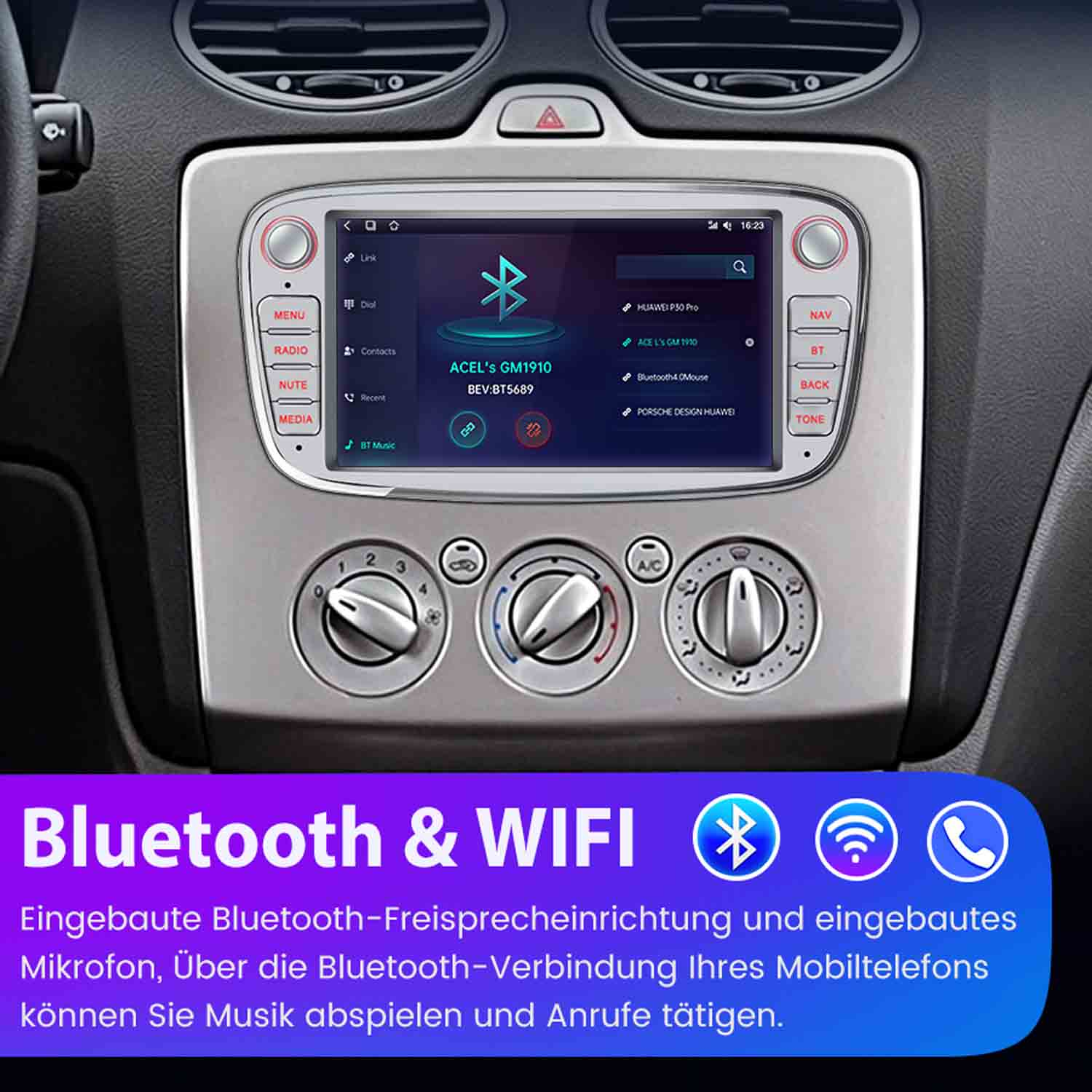 Samochodowy system multimedialny z ekranem dotykowym wyświetlającym Bluetooth i WiFi.