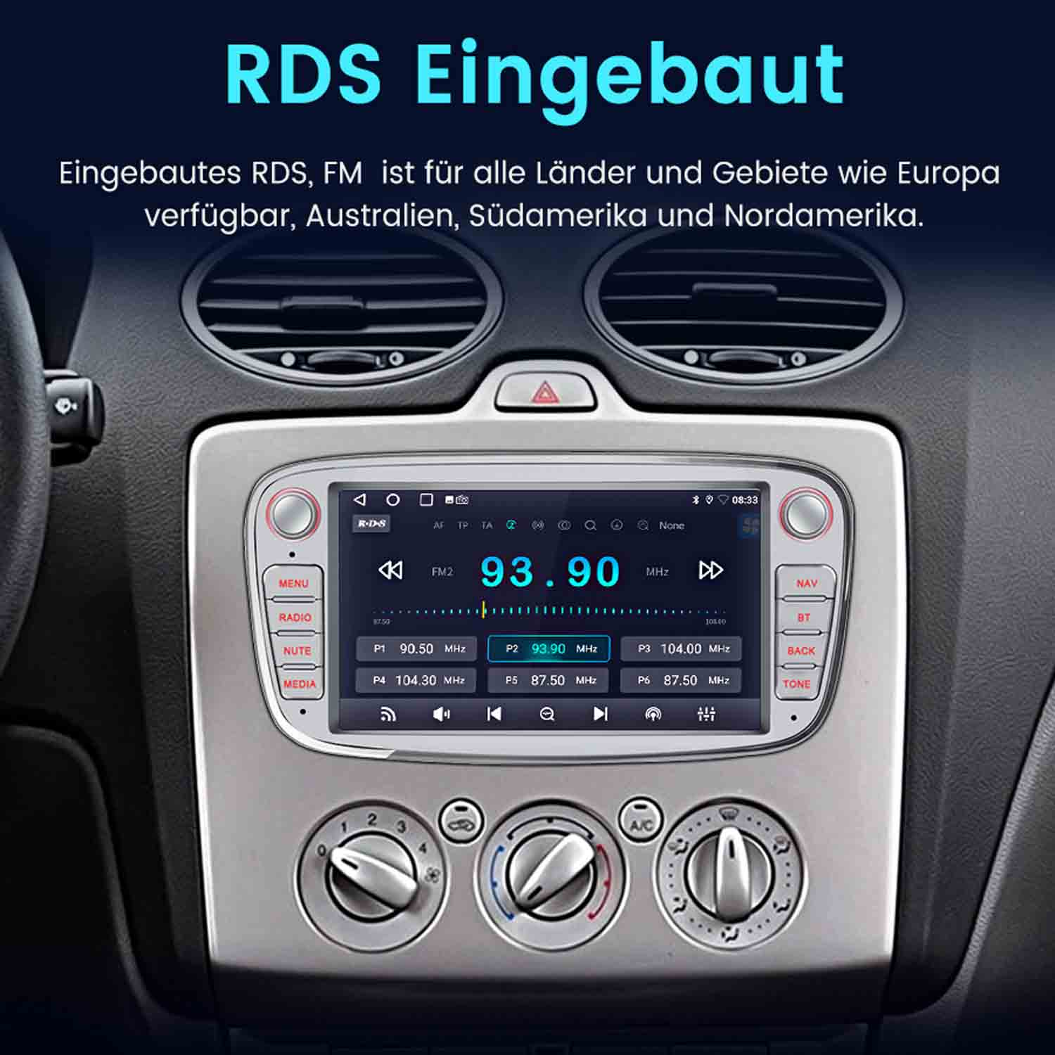 Wyświetlacz radia samochodowego z funkcją RDS i FM, pokazuje 93.90 MHz.