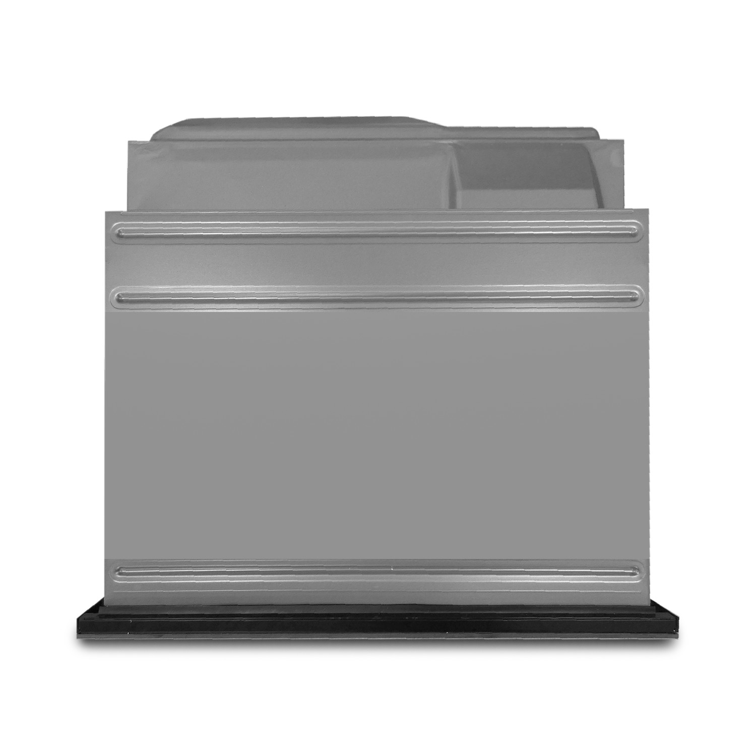 Ein grauer Metallorganizer mit mehreren Fächern steht auf einem schwarzen Sockel.