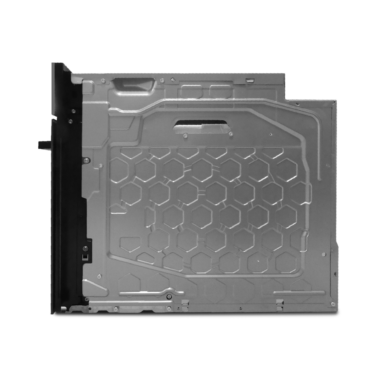 Rückseite eines Geräts mit silbernem Metallgehäuse und Wabenmuster.