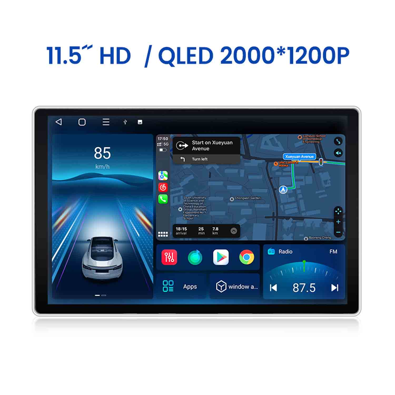 Auto-Infotainmentsystem mit Navigation, Geschwindigkeit, Radio und Apps.