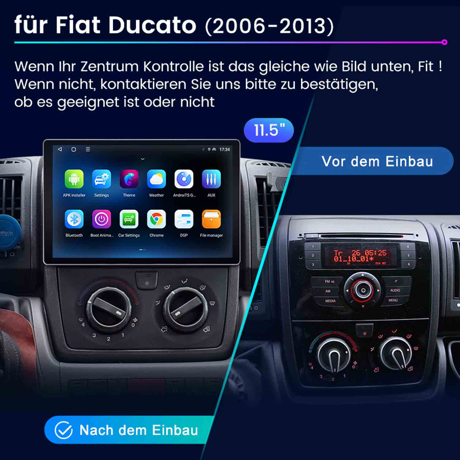 Einbau eines 11,5-Zoll-Bildschirms in einen Fiat Ducato mit Radio und Klimareglern.