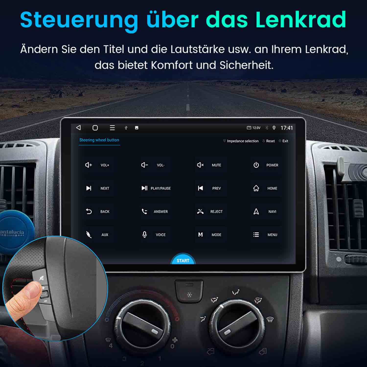 Ein Auto-Touchscreen zeigt Lenkradsteuerungsoptionen. Eine Hand drückt einen Knopf.