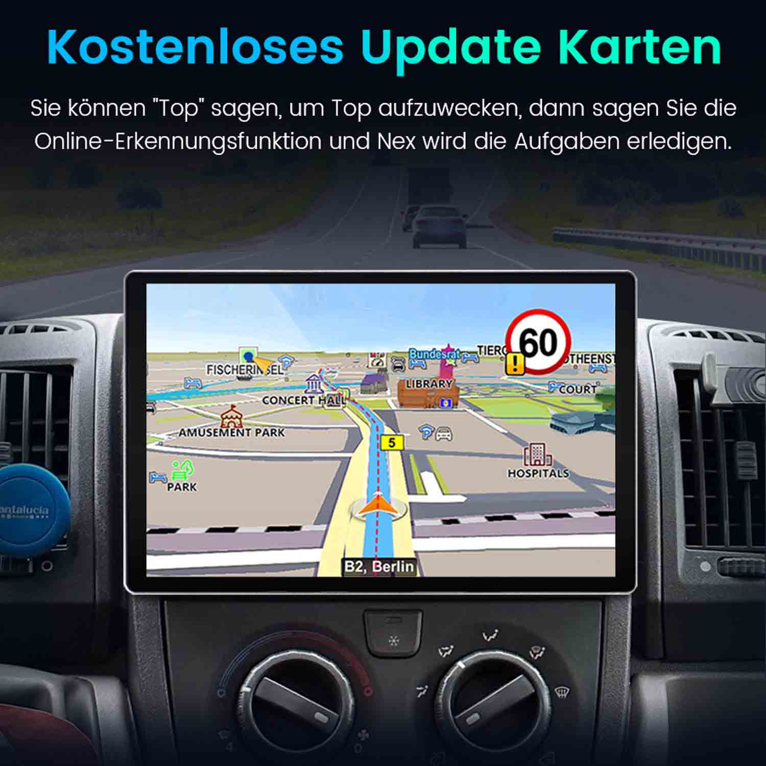 Navigationsgerät zeigt Karte mit Orten wie Park und Krankenhaus.