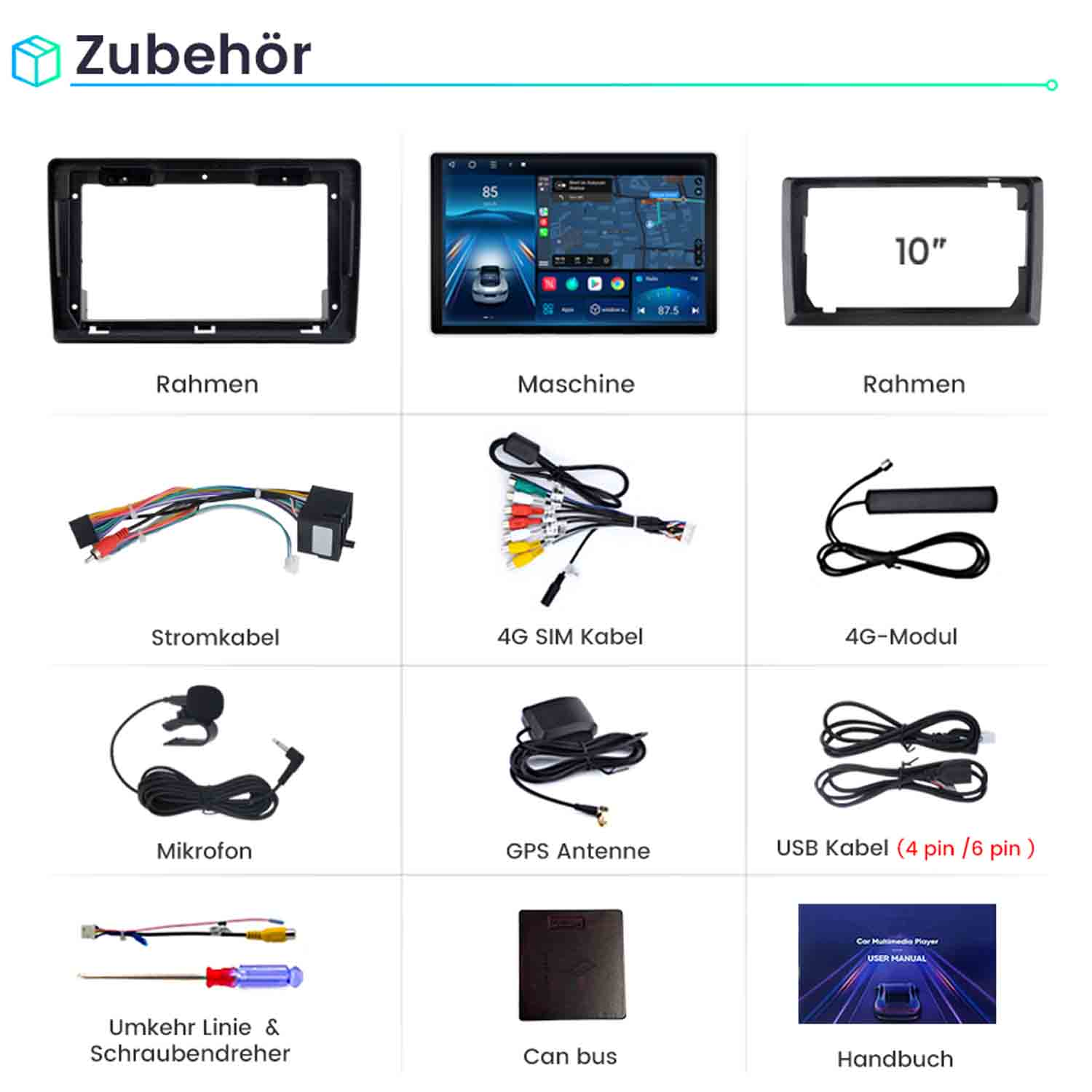 Zubehör: Rahmen, Maschine, 10-Zoll-Rahmen, Stromkabel, 4G-SIM, 4G-Modul, Mikrofon, GPS-Antenne, USB-Kabel, Umkehr-Linie, Can Bus, Handbuch.