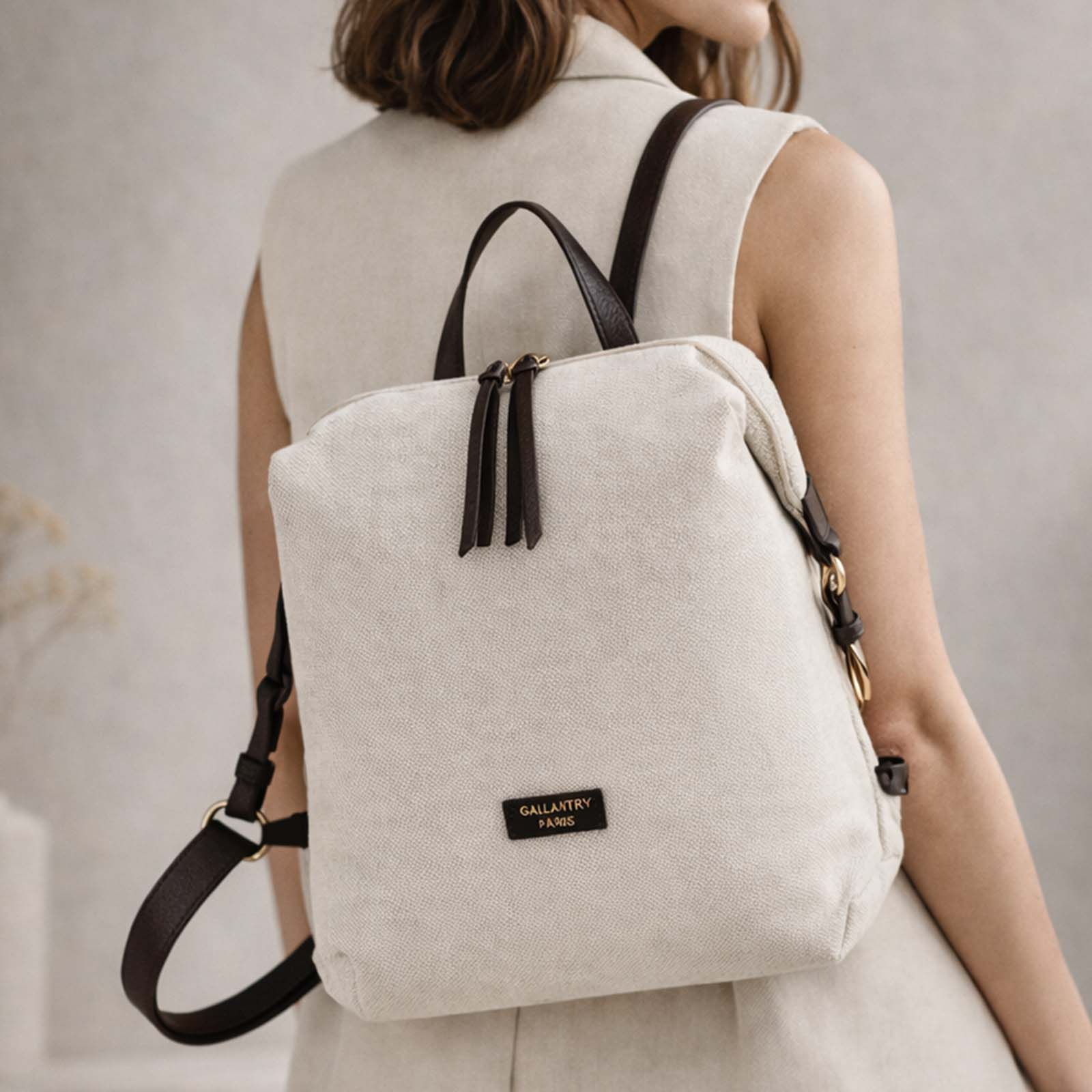 Eine Frau trägt eine cremefarbene ärmellose Jacke und einen cremefarbenen Rucksack mit dunkelbraunen Trägern.