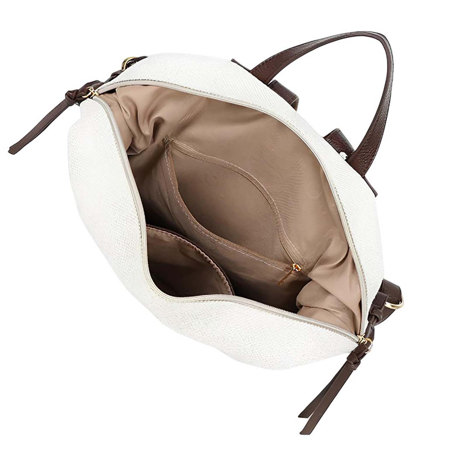 Ein weißer Rucksack mit braunen Lederdetails und offenem Fach.