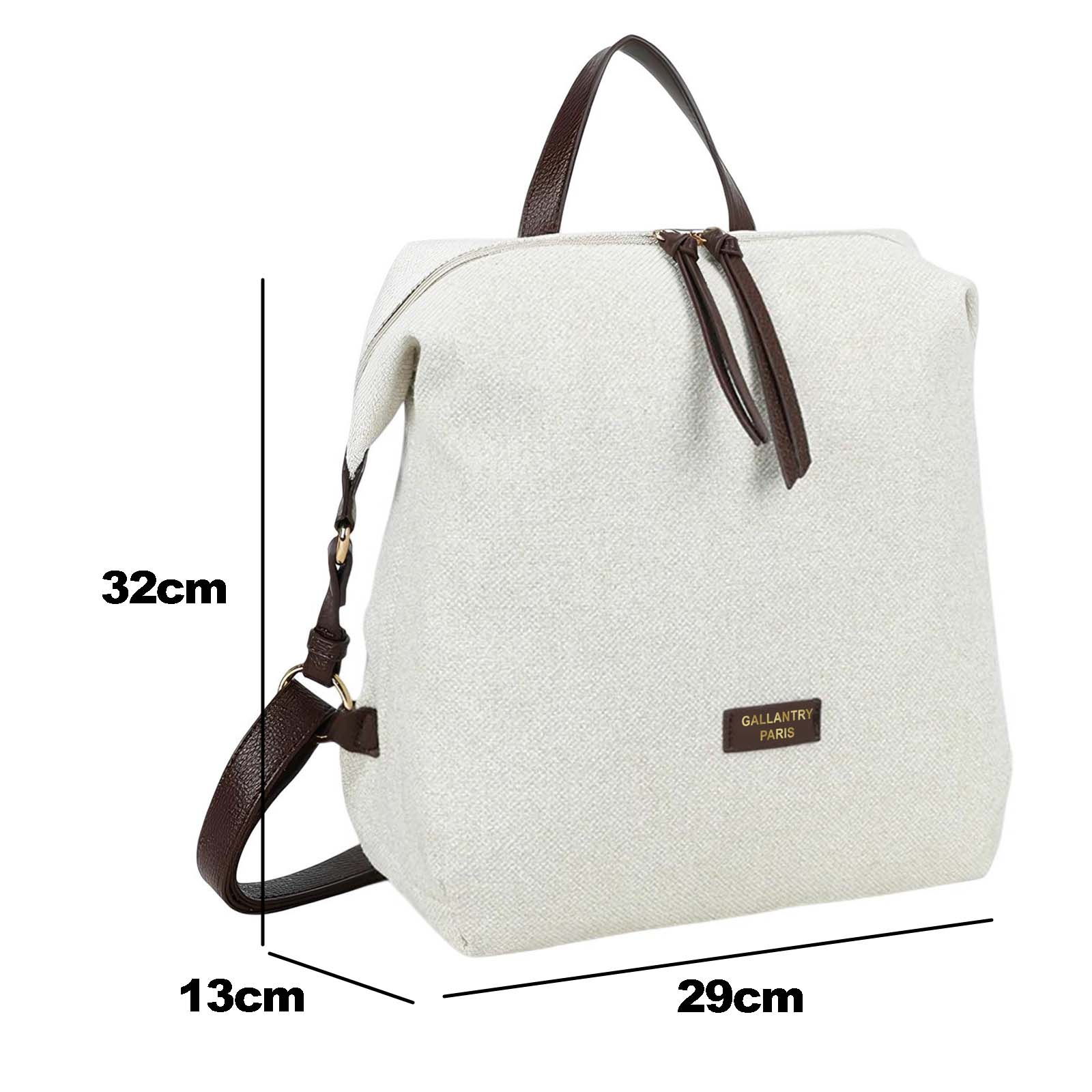 Beige Rucksack mit braunen Lederdetails und Maßen 32x29x13cm.