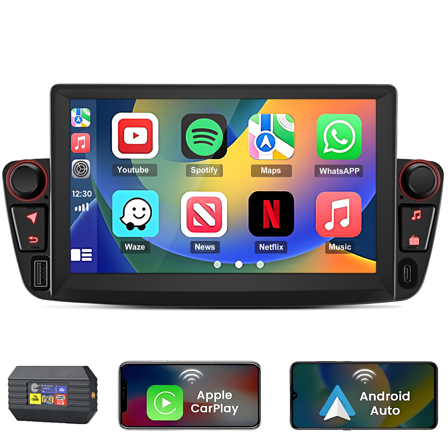 Un sistema di infotainment per auto mostra app come YouTube, Spotify, Maps, WhatsApp.