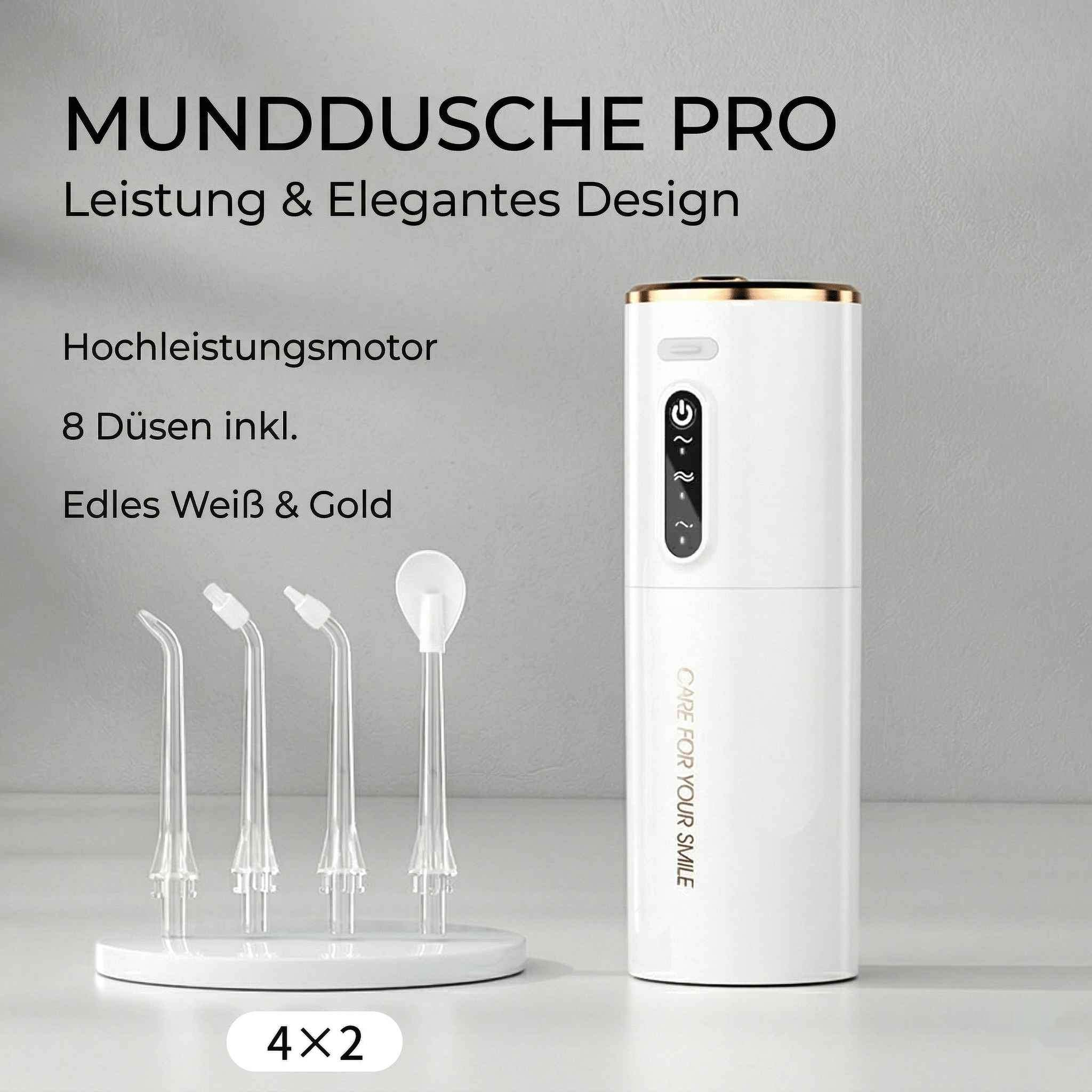 Ein weißer Mundduschen-Pro mit goldenem Rand und drei Aufsätzen.