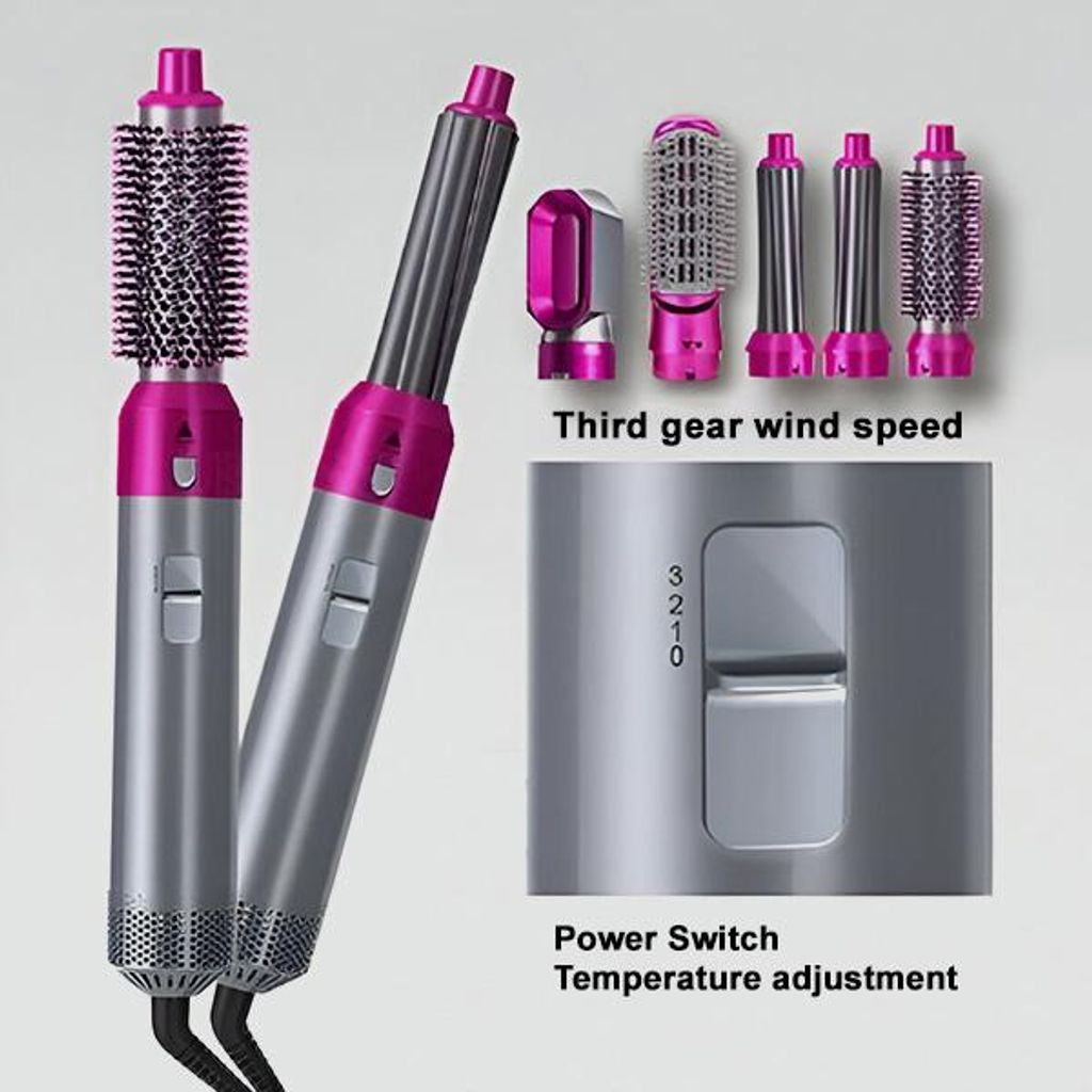 Ein silberner und pinker Haarstyler mit Aufsätzen und Bedienelementen.