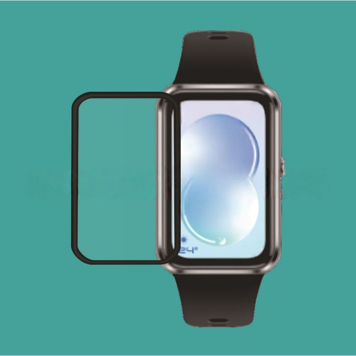 Eine schwarze Schutzfolie liegt neben einer Smartwatch mit einem stilisierten Hintergrund.