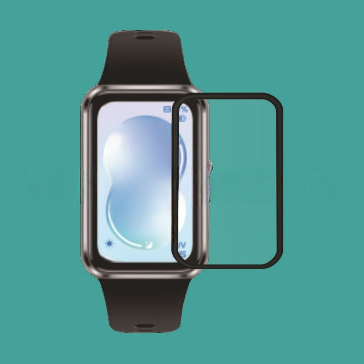 Eine Schutzfolie liegt neben einer Smartwatch mit schwarzem Armband.