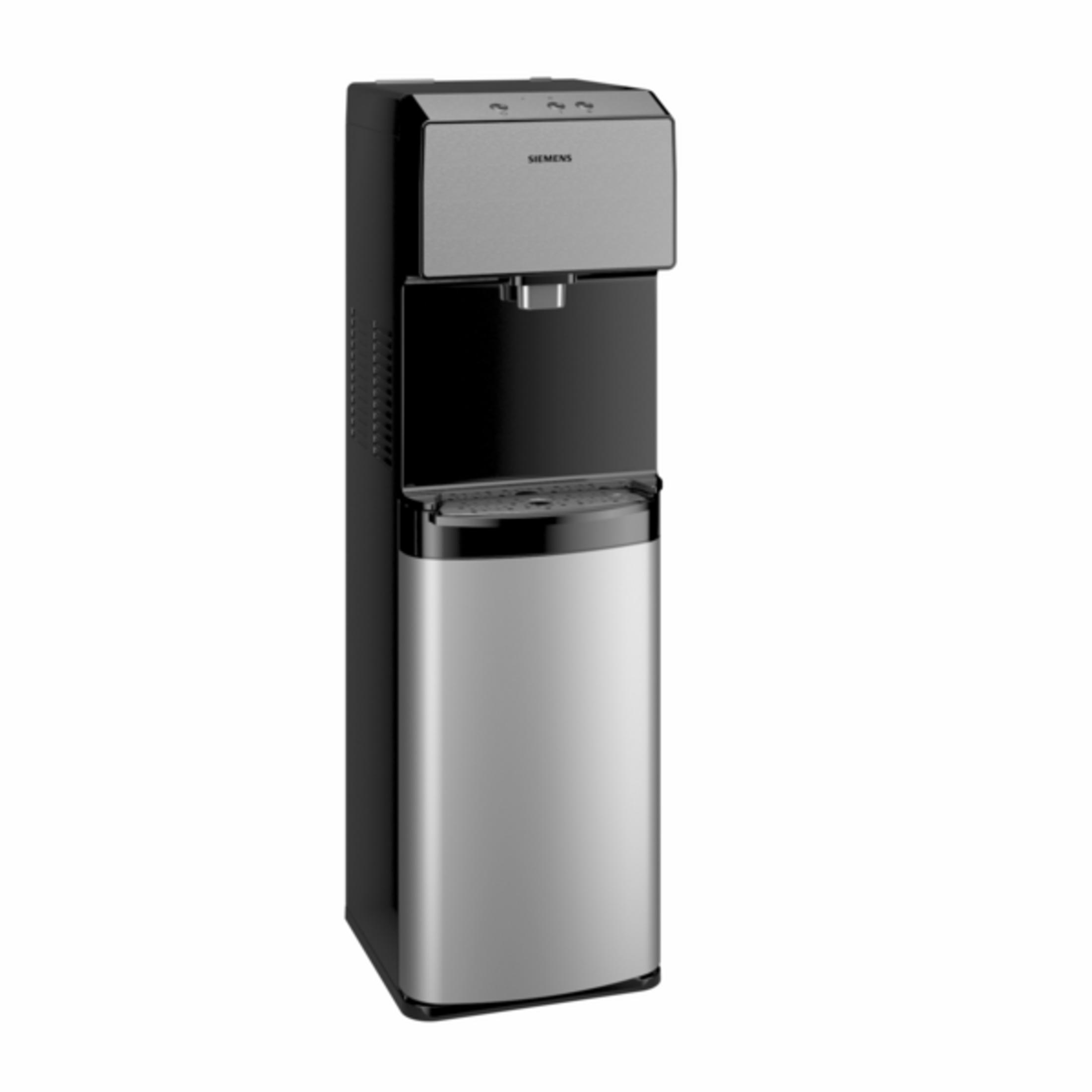 Siemens logolu siyah ve gümüş renkli su sebili.