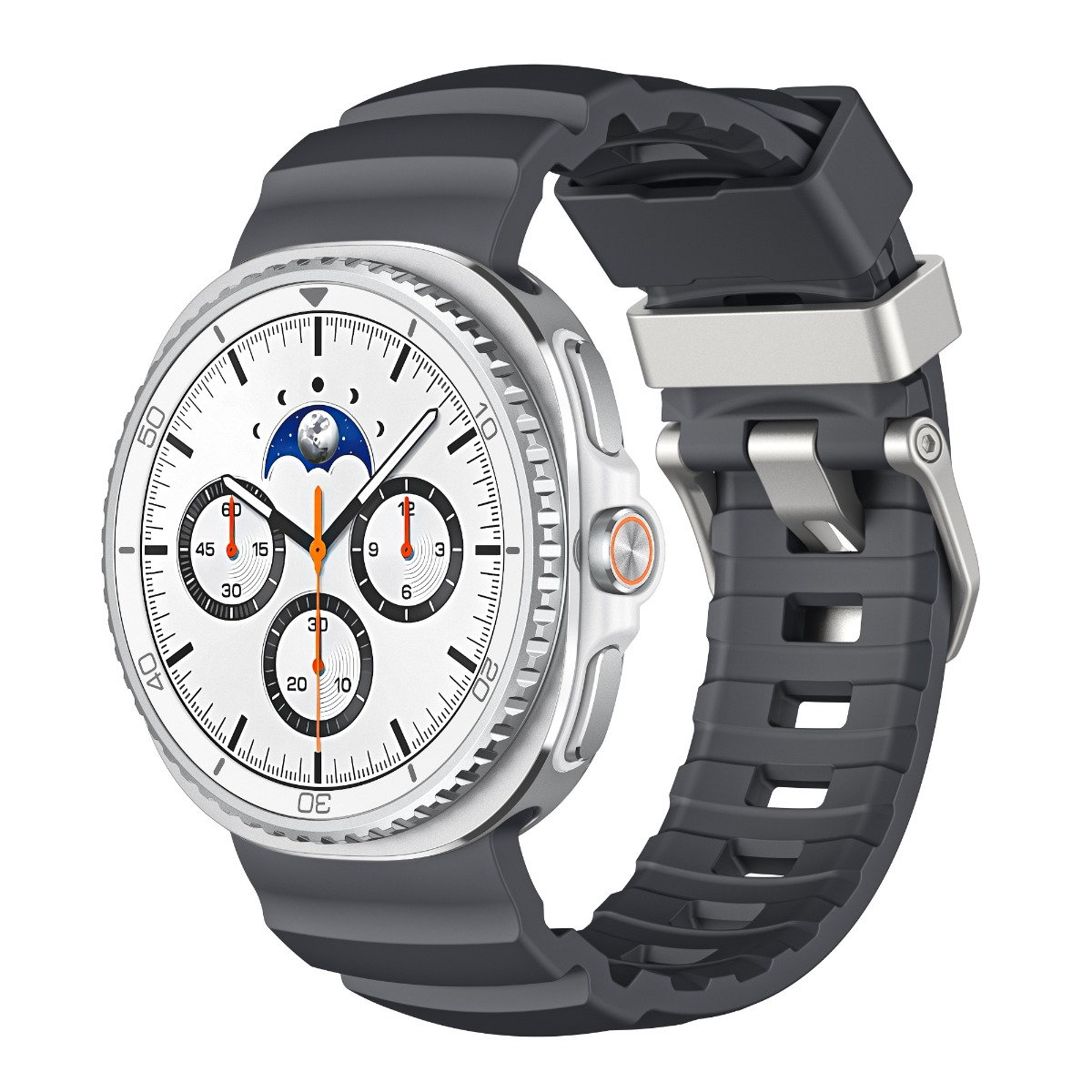 Eine Smartwatch mit weißem Zifferblatt, Mondphasenanzeige und dunklem Armband.