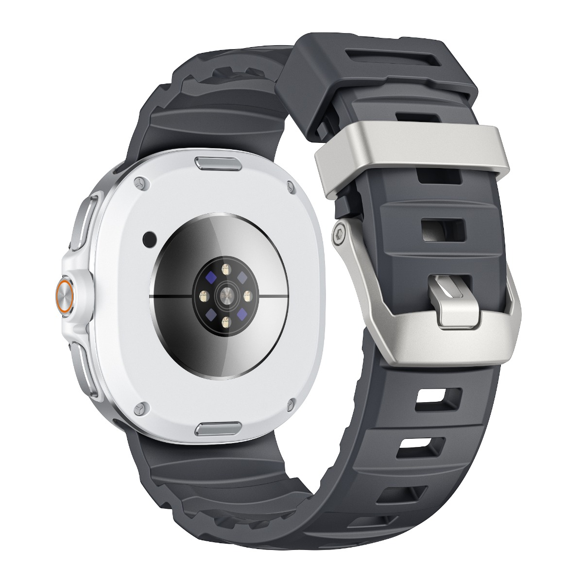 Rückseite einer Smartwatch mit dunklem Armband und Metallschnalle.