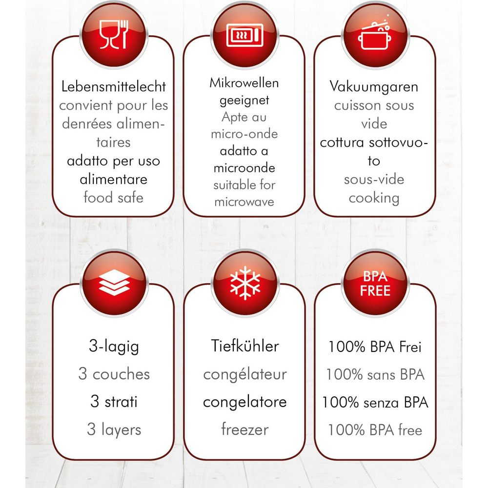 Produktinformationen: Lebensmittelecht, mikrowellengeeignet, Vakuumgaren, 3-lagig, gefriergeeignet, BPA-frei.