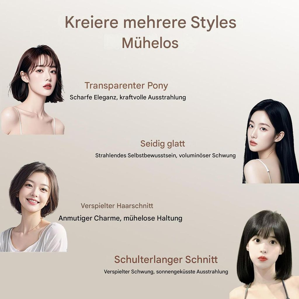 Vier ostasiatische Frauen mit verschiedenen Frisuren: Pony, lang, wellig und schulterlang.
