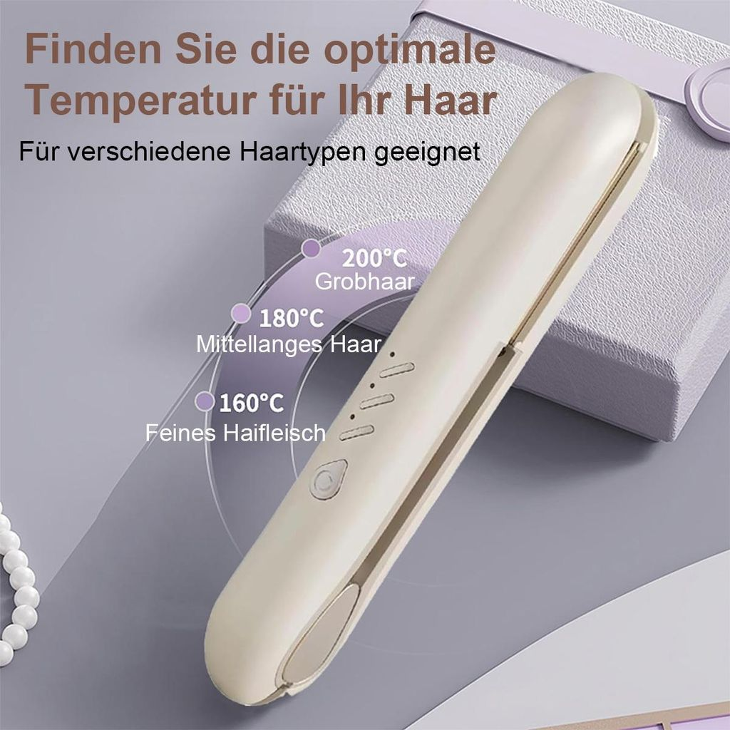 Ein cremefarbener Haarglätter mit Temperatureinstellungen für verschiedene Haartypen.