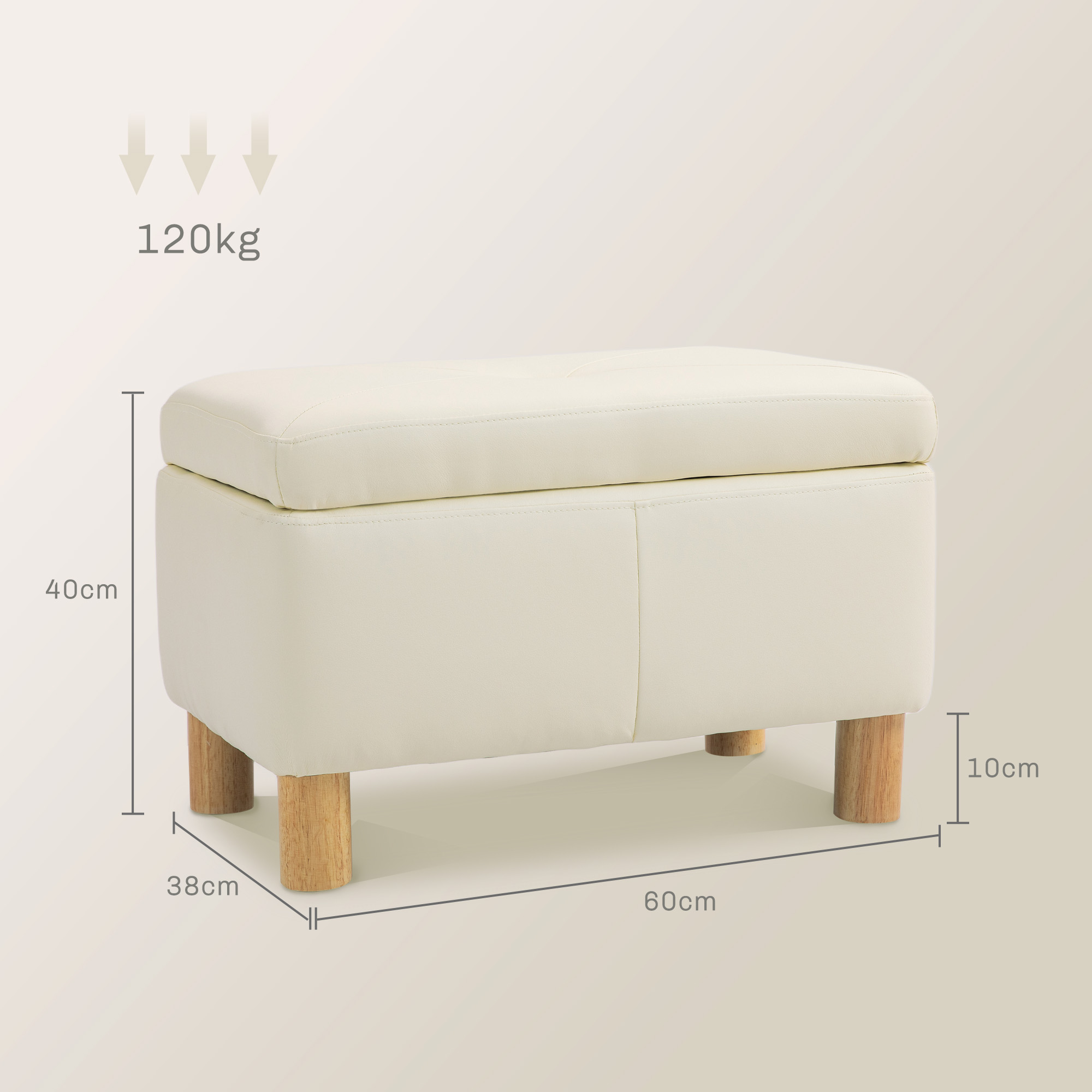 Un otomano color crema con patas de madera, dimensiones 60x38x40cm, peso máx. 120kg.
