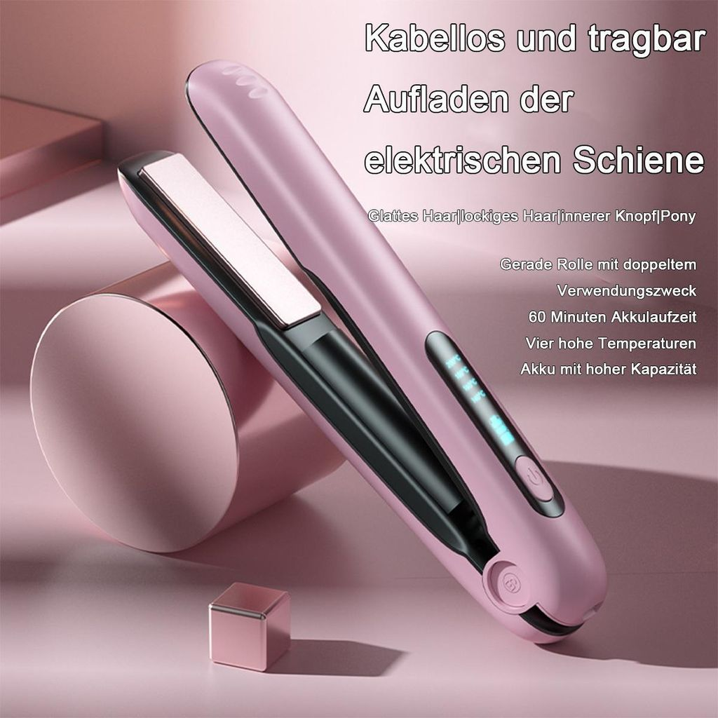 Ein rosafarbener, kabelloser Lockenstab mit digitaler Anzeige und Ladefunktion.