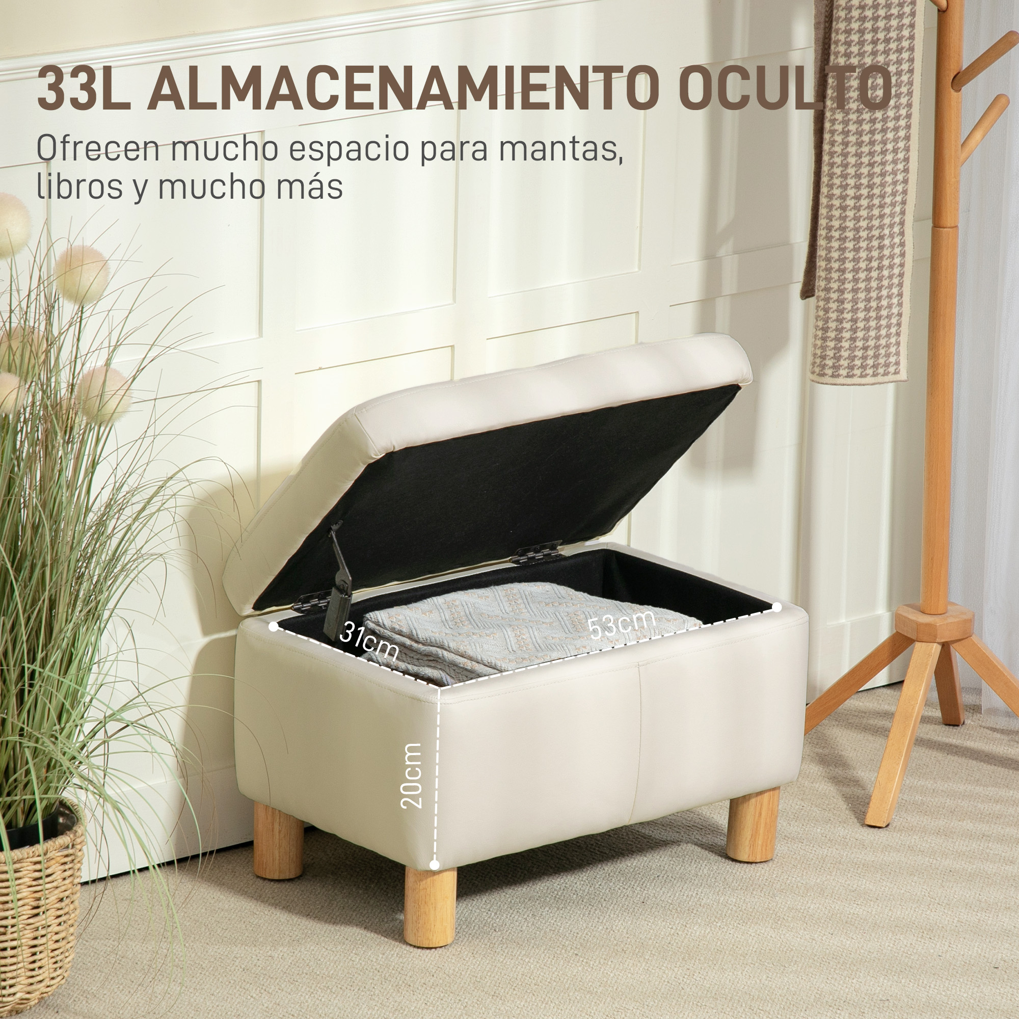 Un otomano de almacenamiento color crema abierto con dimensiones y una manta.