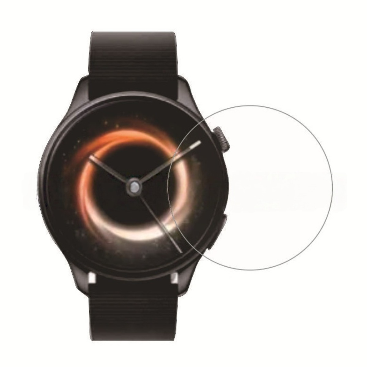 Eine schwarze Smartwatch mit einem leuchtenden, orange-weißen Zifferblatt.