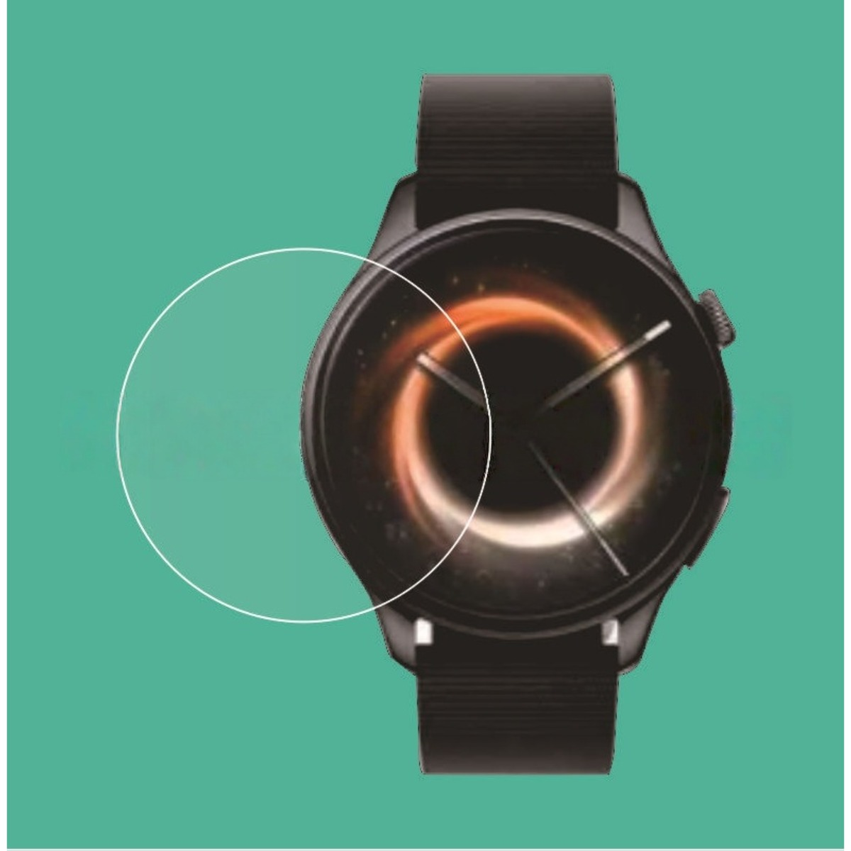 Eine schwarze Smartwatch mit einem leuchtenden, orangefarbenen Zifferblatt auf türkisem Hintergrund.