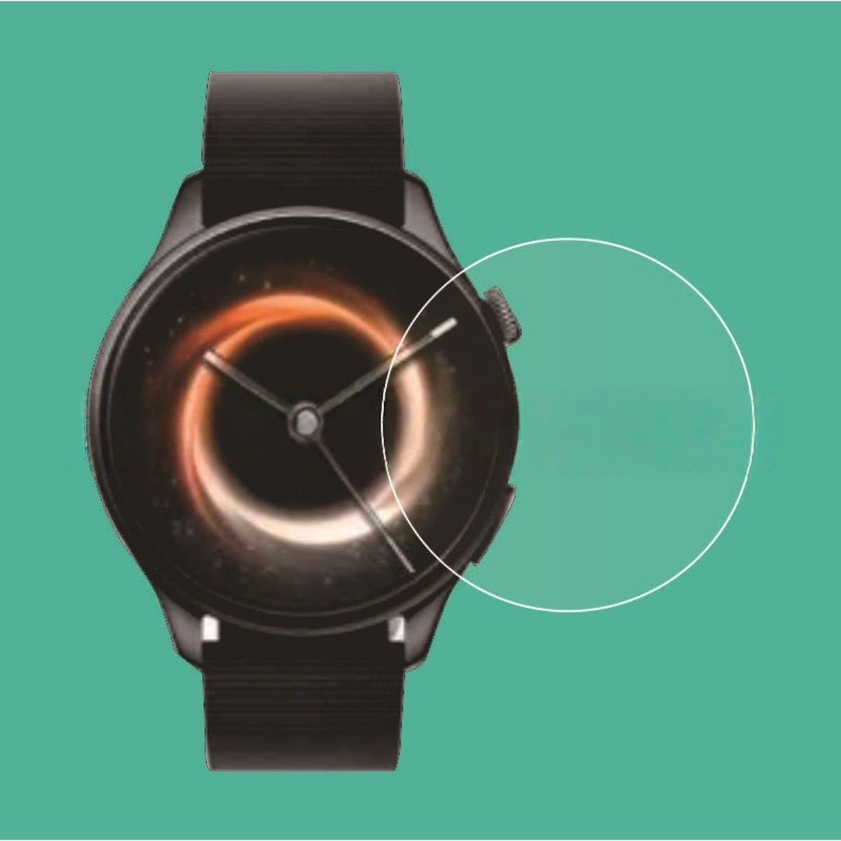 Eine schwarze Smartwatch mit einem kosmischen Zifferblatt auf türkisfarbenem Hintergrund.